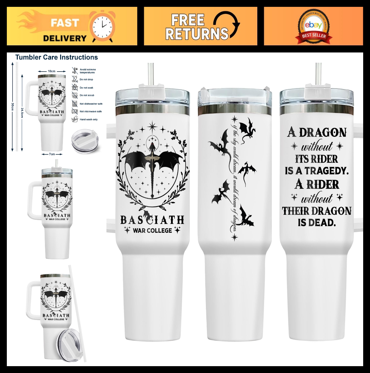 40oz Insulated Tumbler with Handle & Straw   Dragon Rider Travel Mug, Perfect Gi0