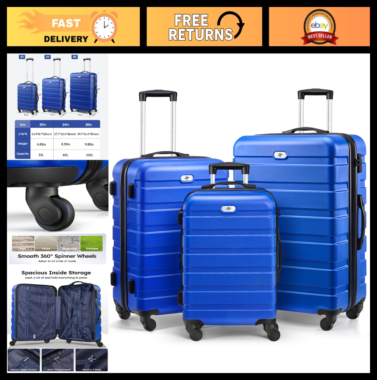 3 Piece Hard Shell Luggage Set with Spinner Wheels & TSA Lock - 20/24/28" Travel0