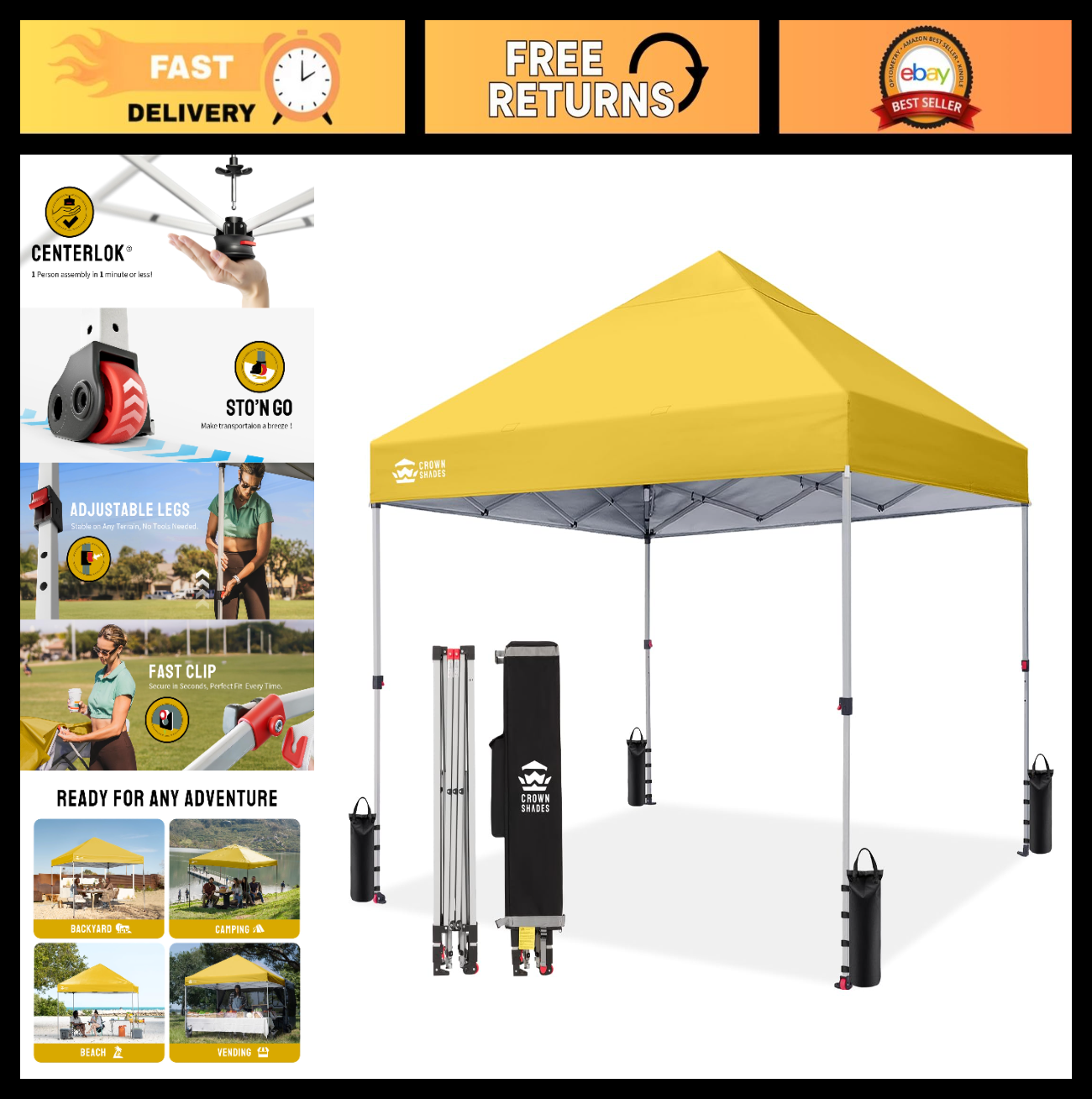 8x8 Pop Up Canopy Tent   One Push Setup, Yellow Sun Shade for Events, Camping, P0