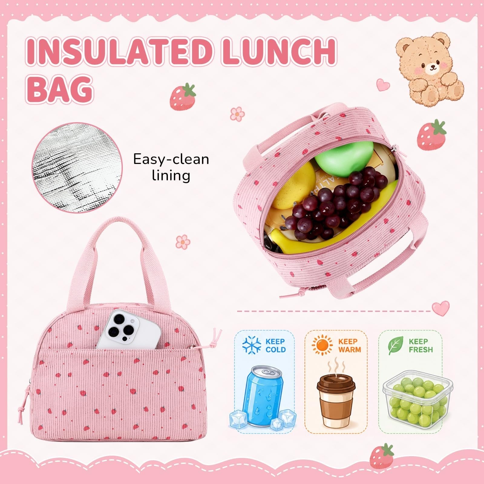 Cute Kawaii Corduroy Backpack Set for Girls - 3PCS School Bag, Lunch Box & Penci7