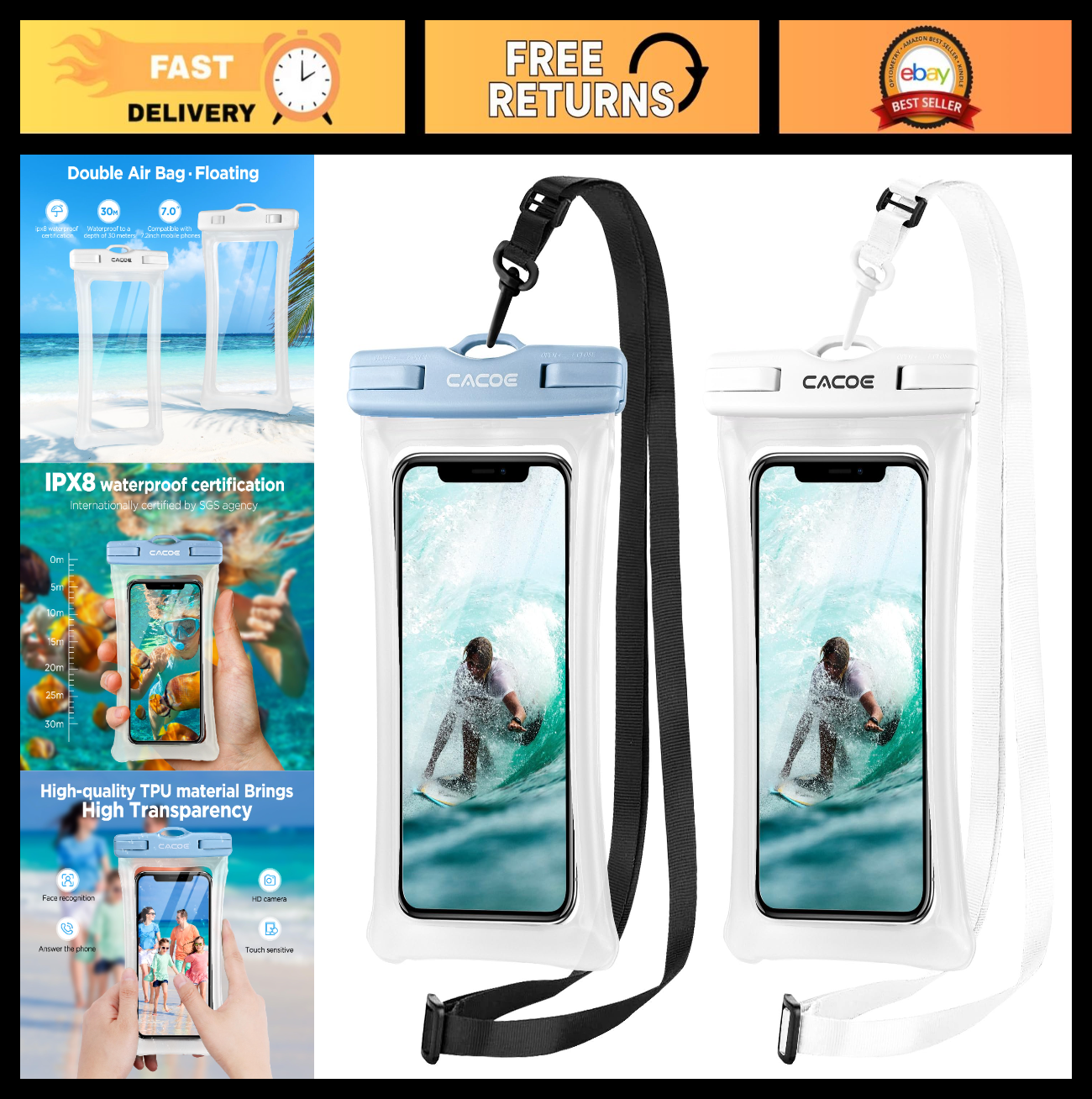 Waterproof Phone Pouch 2 Pack   Floatable IPX8 Case for Beach, Travel, Kayak & M0