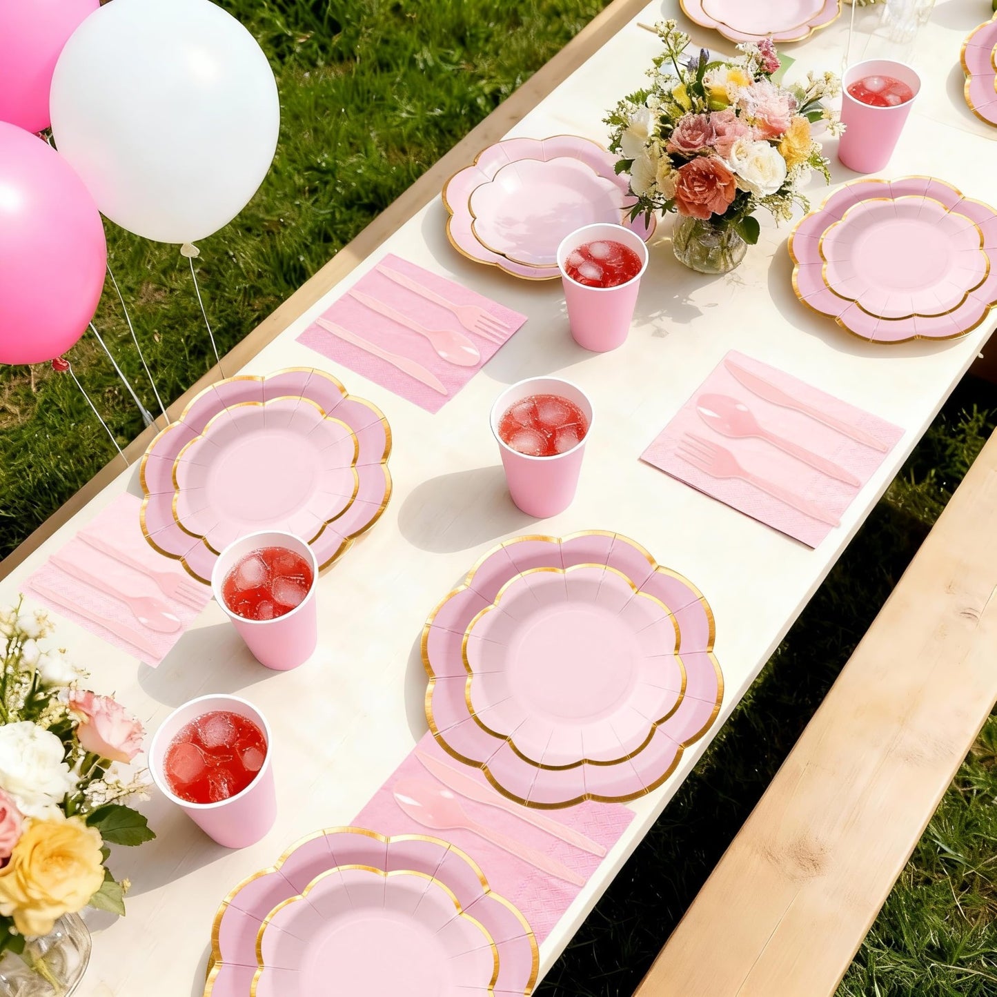 350 Pcs Pink Scalloped Paper Plates & Napkins Set for 50 Guests | Gold Rim Dispo7