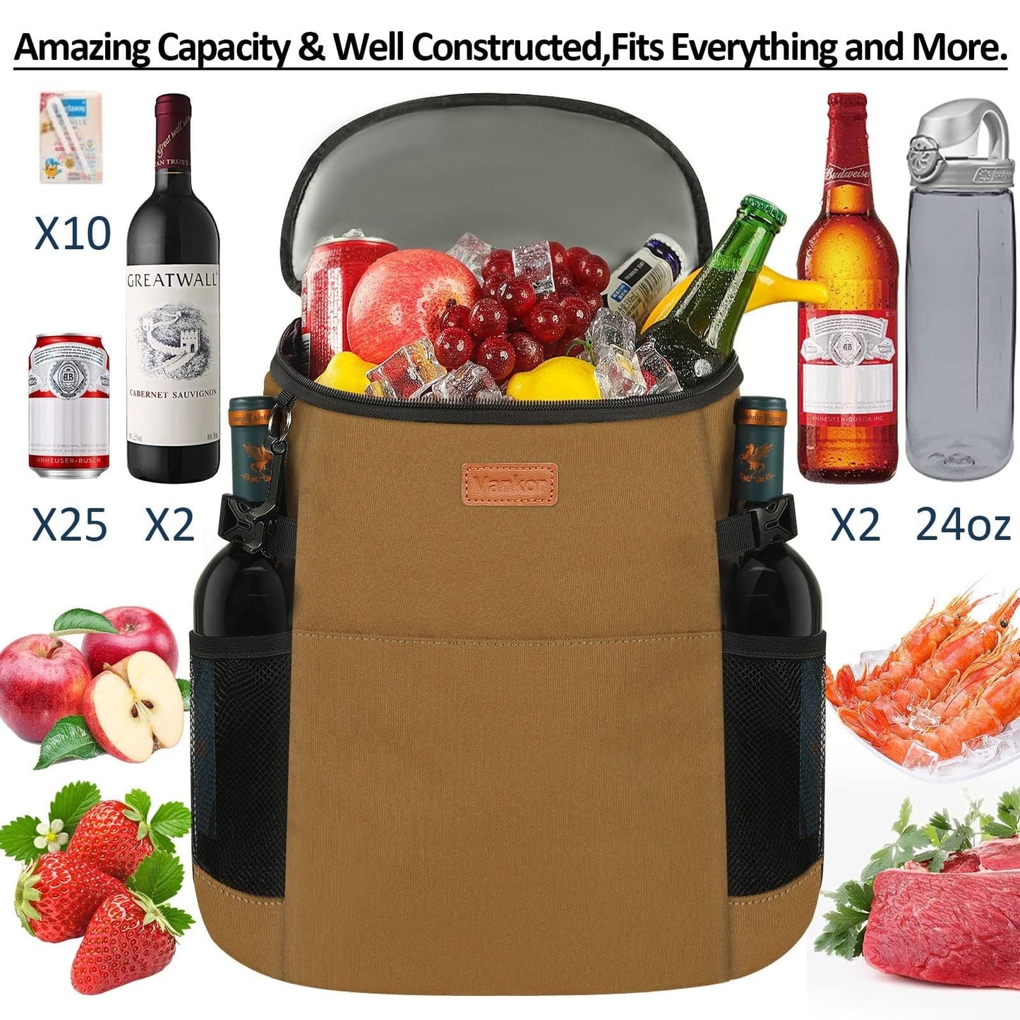 Insulated Camping Cooler Backpack - Holds 30-45 Cans, Waterproof & Leak Proof, I3