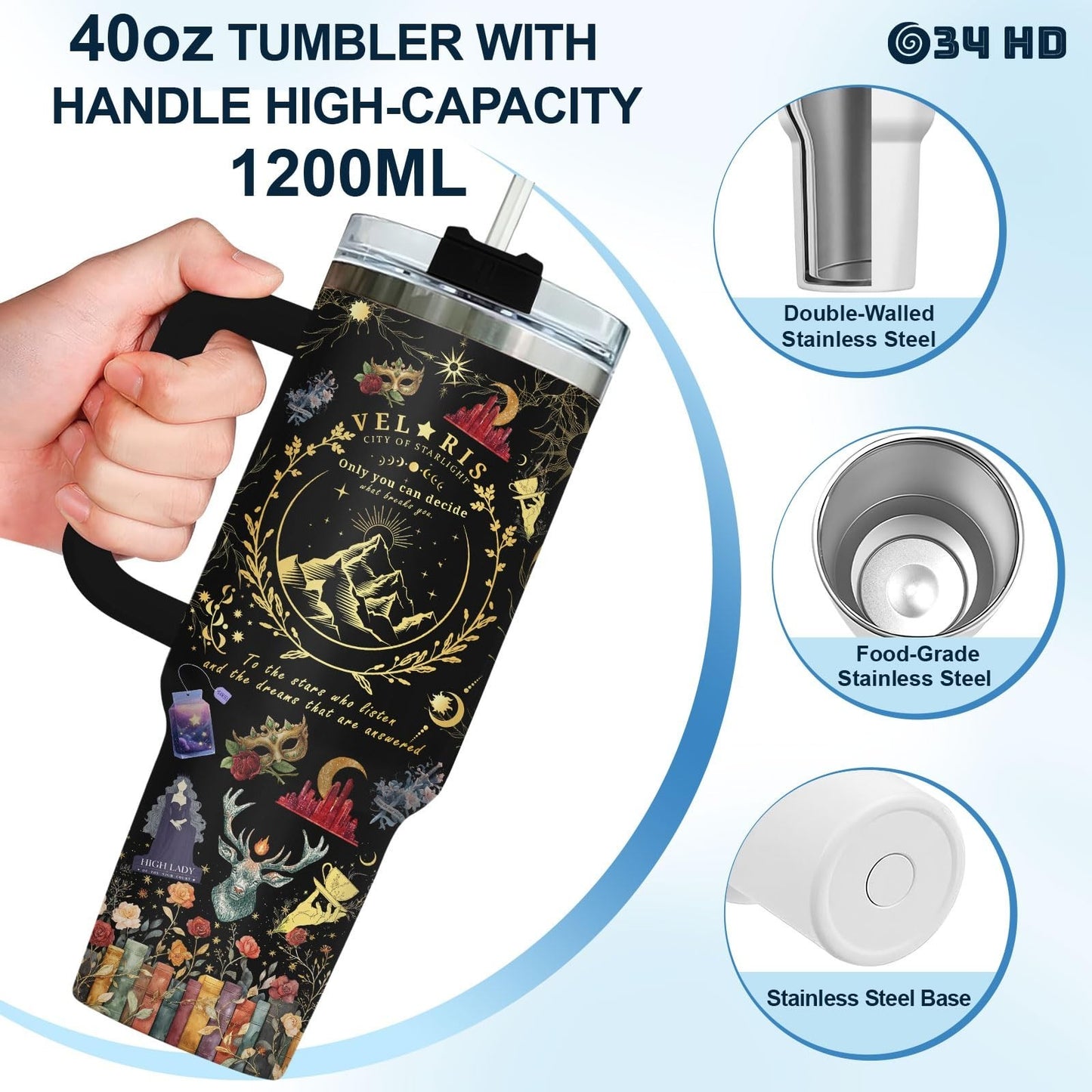 40oz Fantasy Romance Tumbler   Night Sky Mountains Travel Mug, Aesthetic Gift fo8