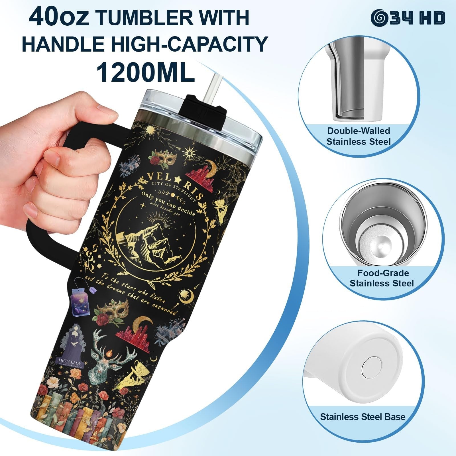 40oz Fantasy Romance Tumbler   Night Sky Mountains Travel Mug, Aesthetic Gift fo8