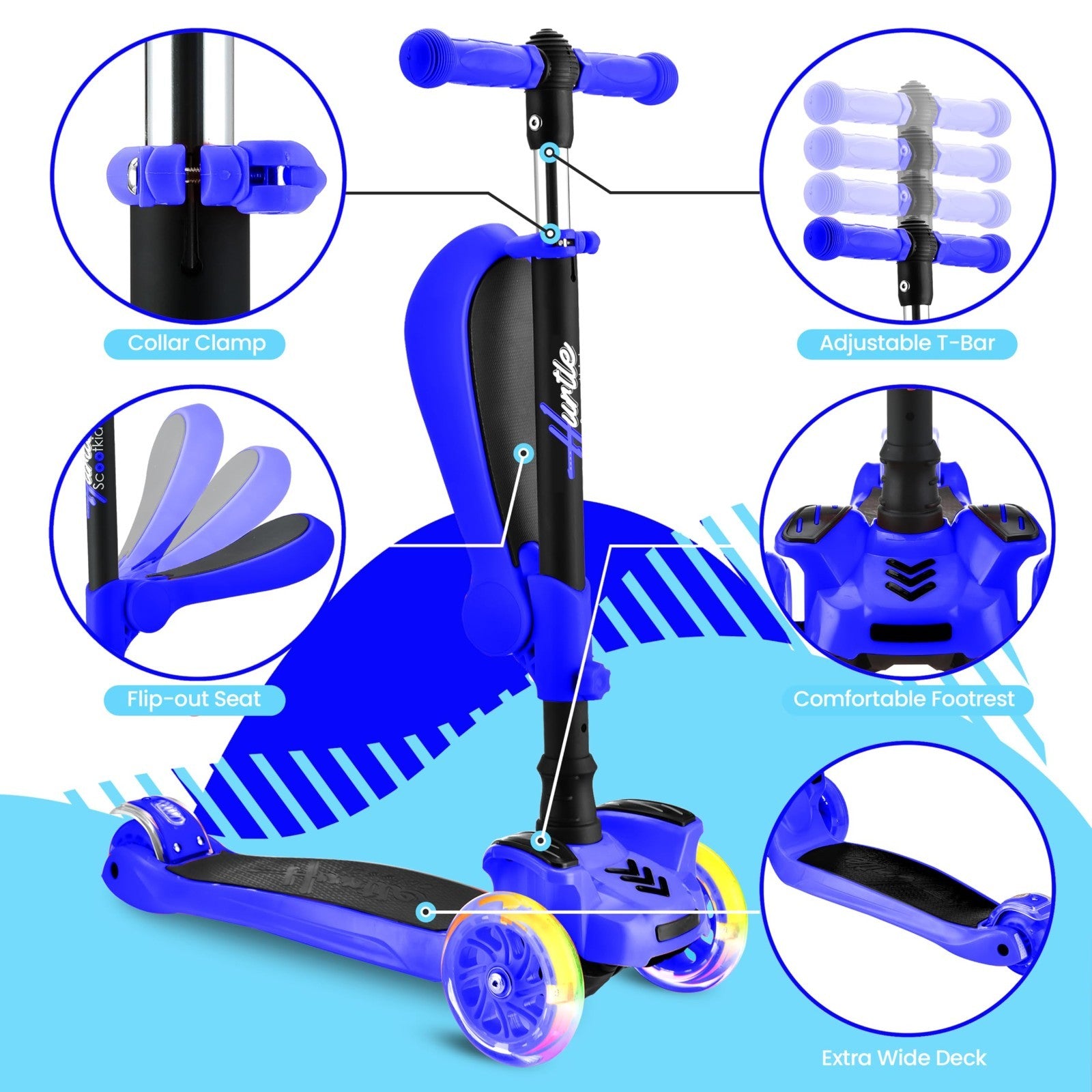 3-Wheeled Kids Scooter with LED Lights, Adjustable Handlebar, Foldable Seat, Bra3