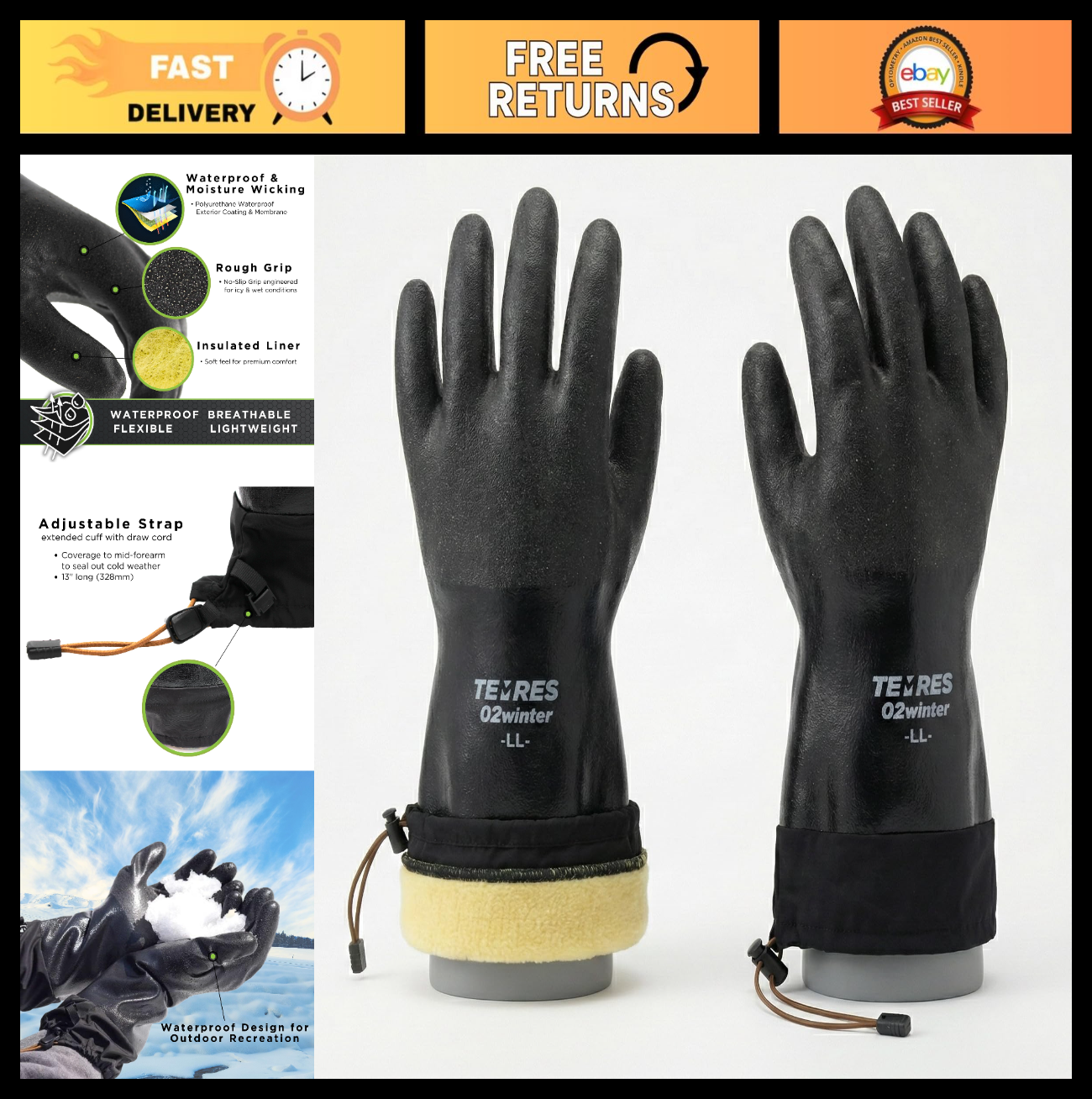 Waterproof Insulated Winter Work Gloves, Breathable Polyurethane, Thermal Fleece0