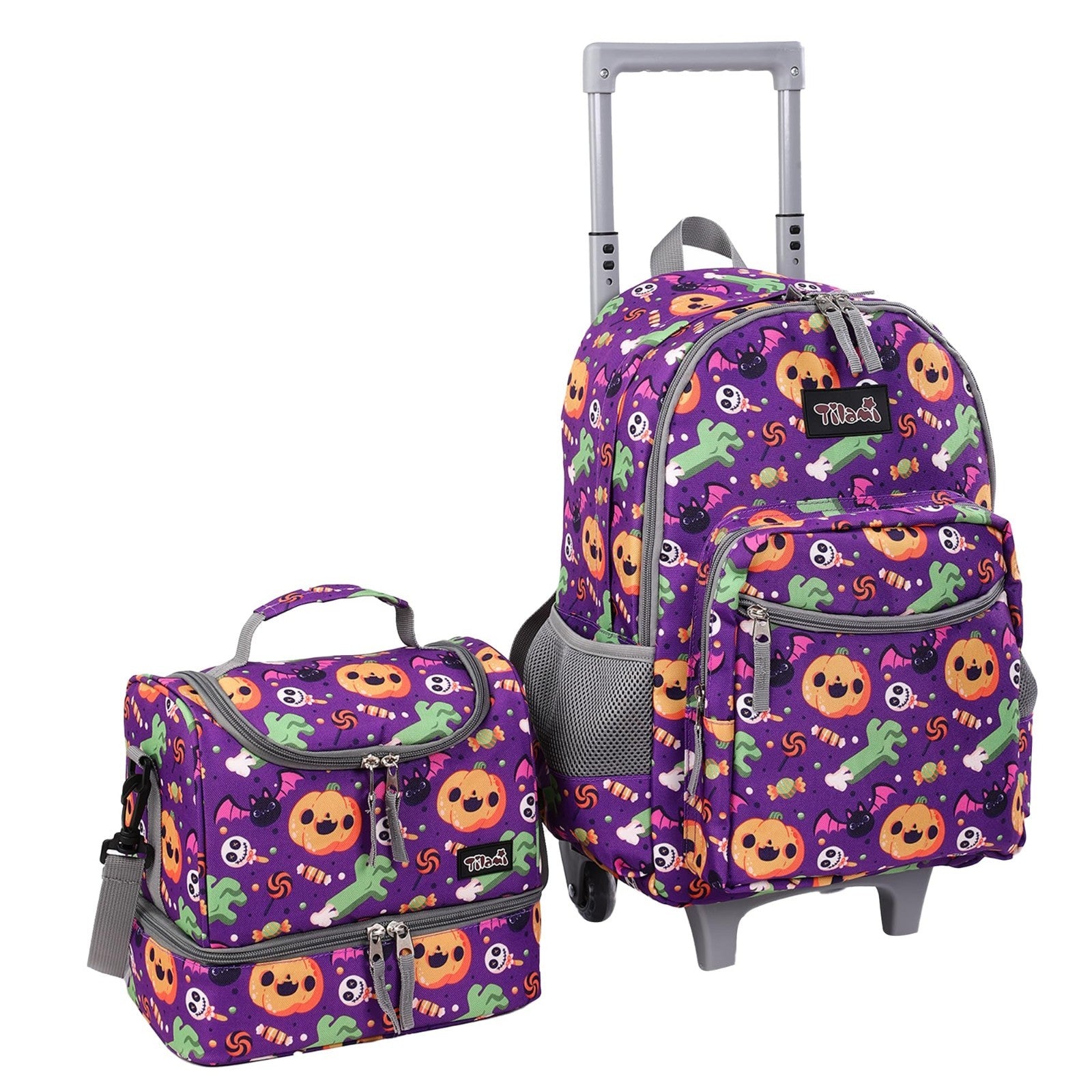 Wheeled Kids Backpack 18" Rolling Bag with Lunch Bag, Double Handle, Pumpkin Pur1
