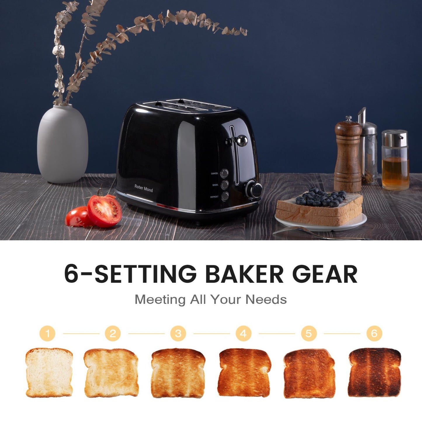 Retro Stainless Steel 2 Slice Toaster with Bagel, Defrost, 6 Shade Settings, Bla3