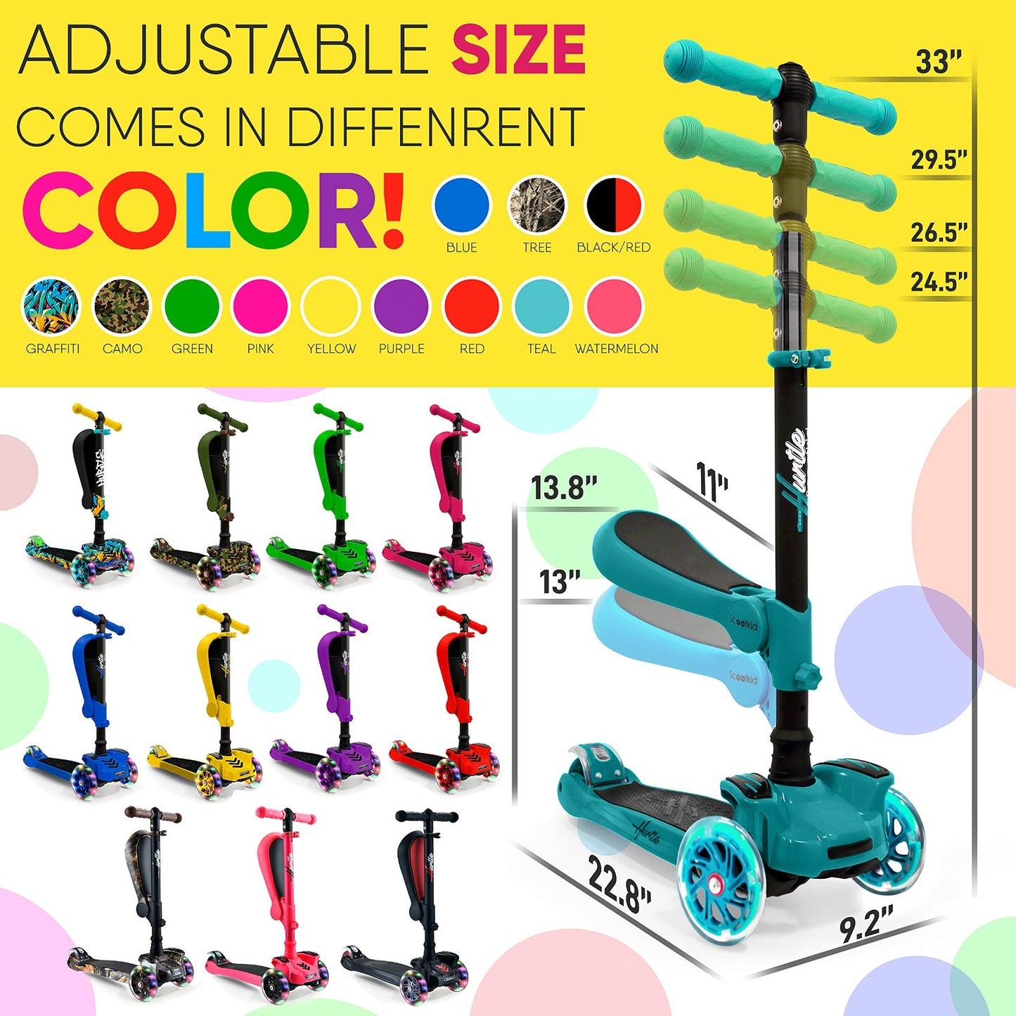 3-Wheeled Kids Scooter with LED Lights, Adjustable Handlebar, Foldable Seat - Si6