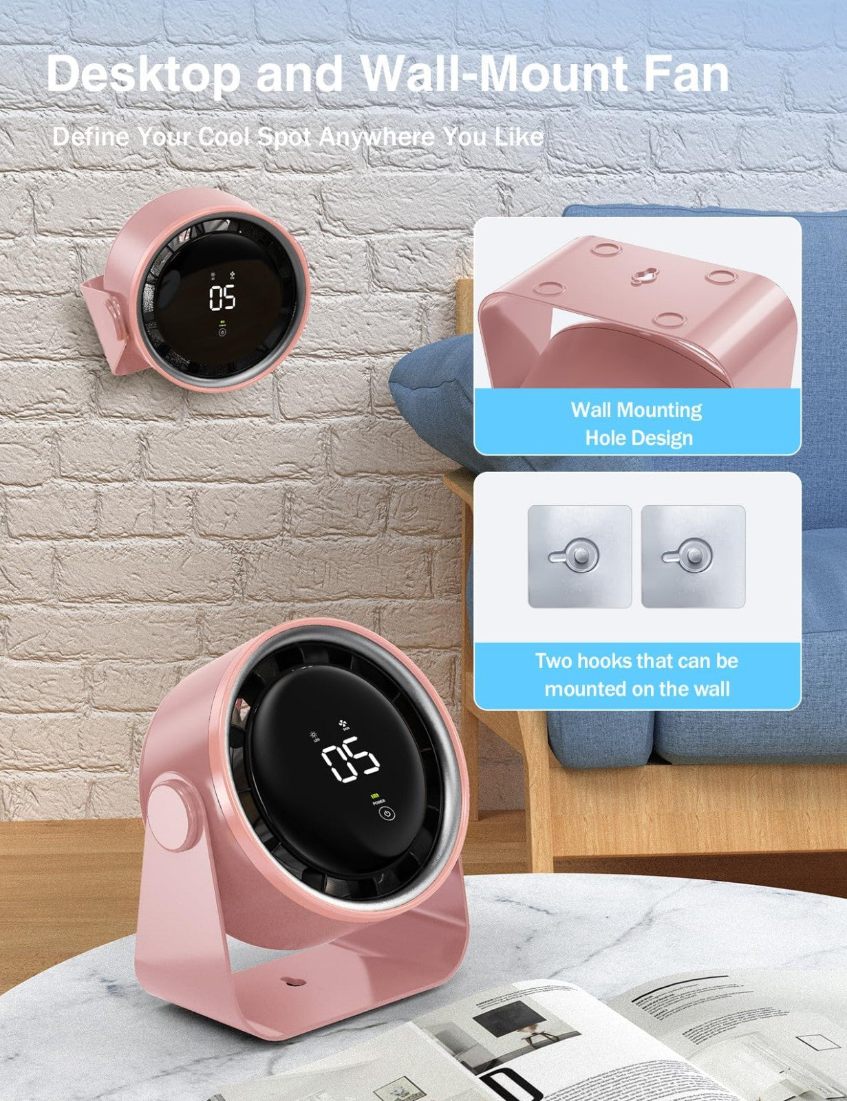 Ultra Quiet Small Desk Fan, Multi Speed Air Circulator, Touch Control, LED Light3