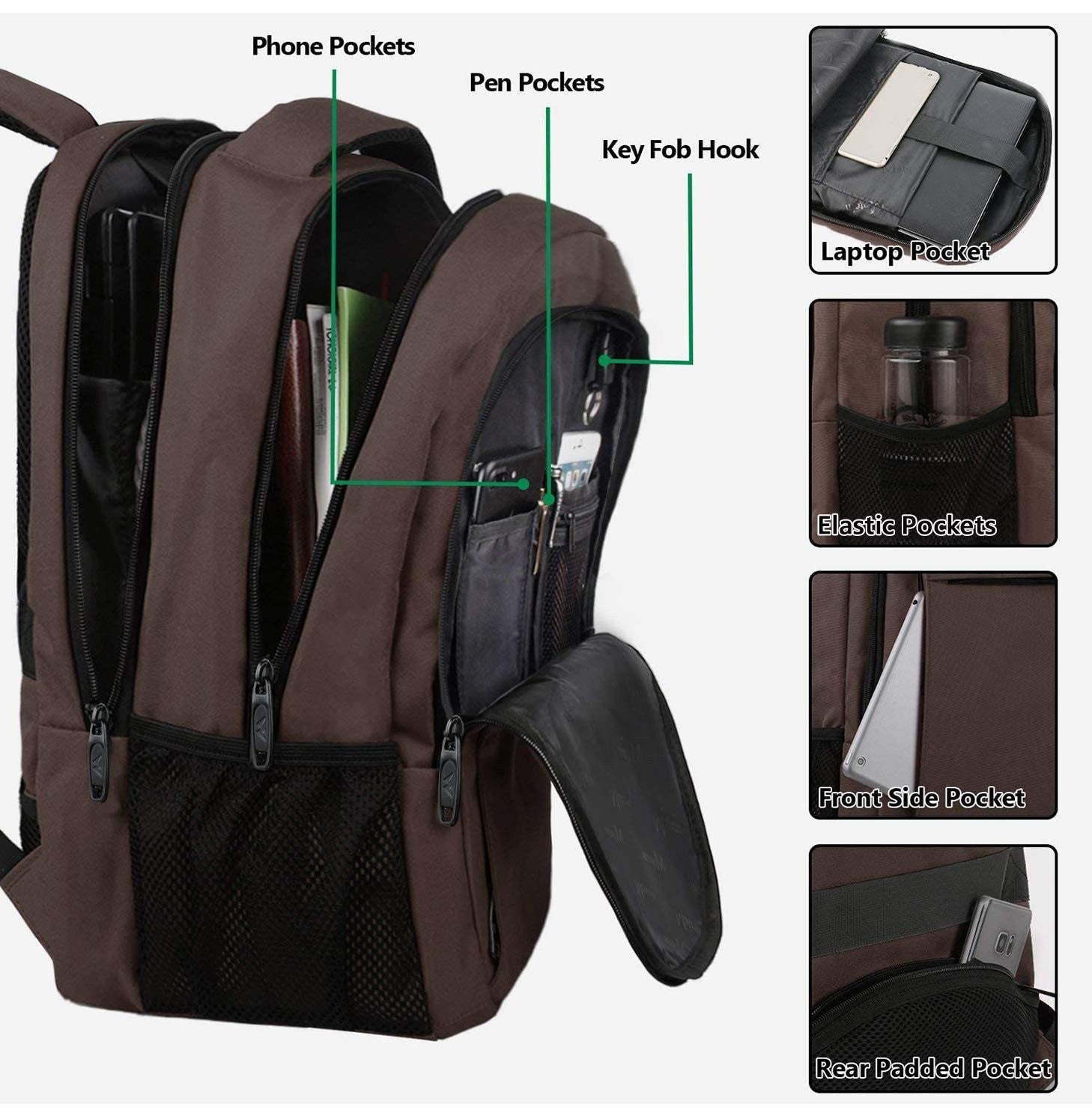 Water Resistant 32L Laptop Backpack for 15.6 Inch   Work & School Bag, Brown4