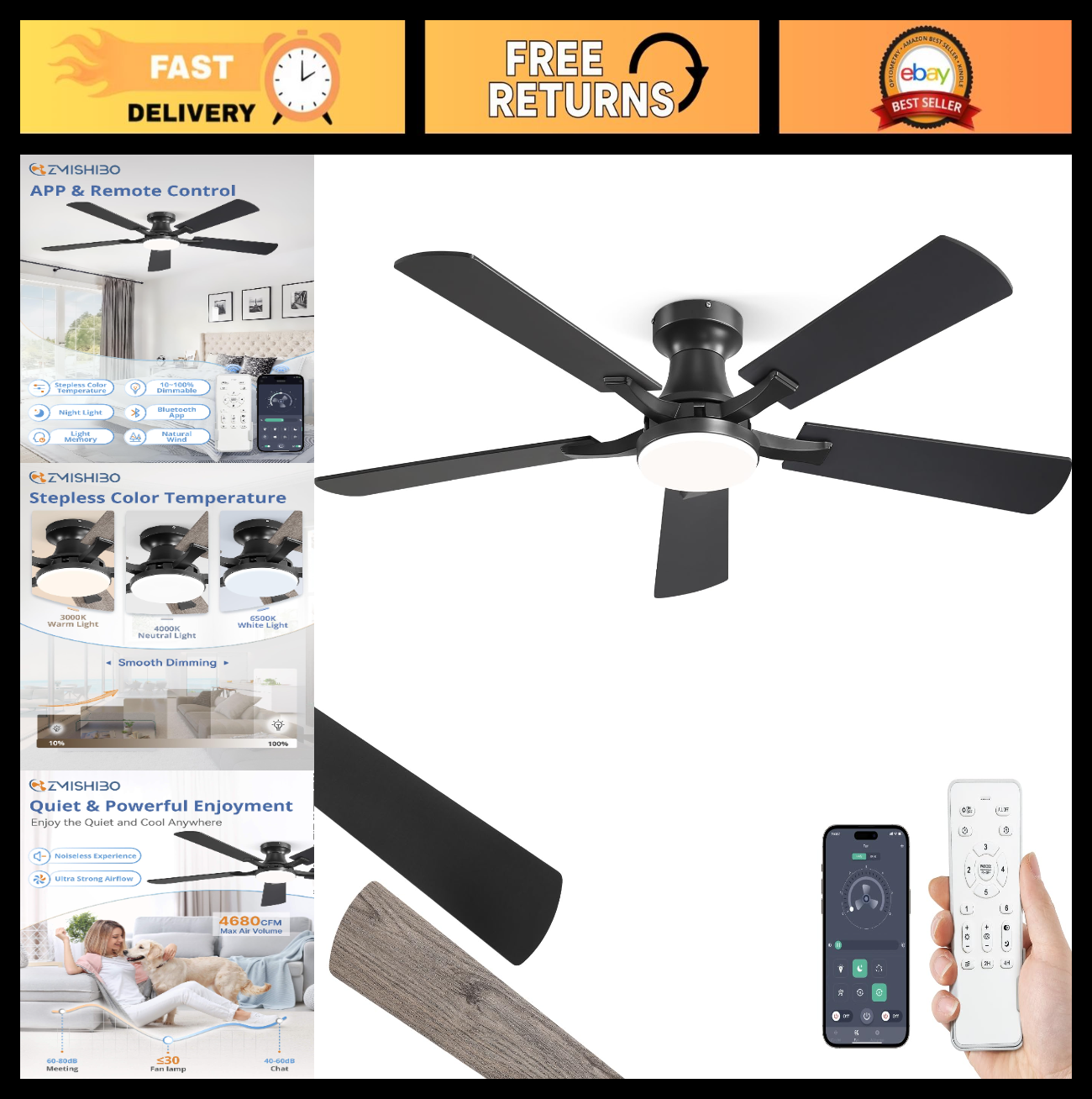 52" Ceiling Fan with Lights, Remote & App Control, Dimmable LED, Quiet Motor, Fl0