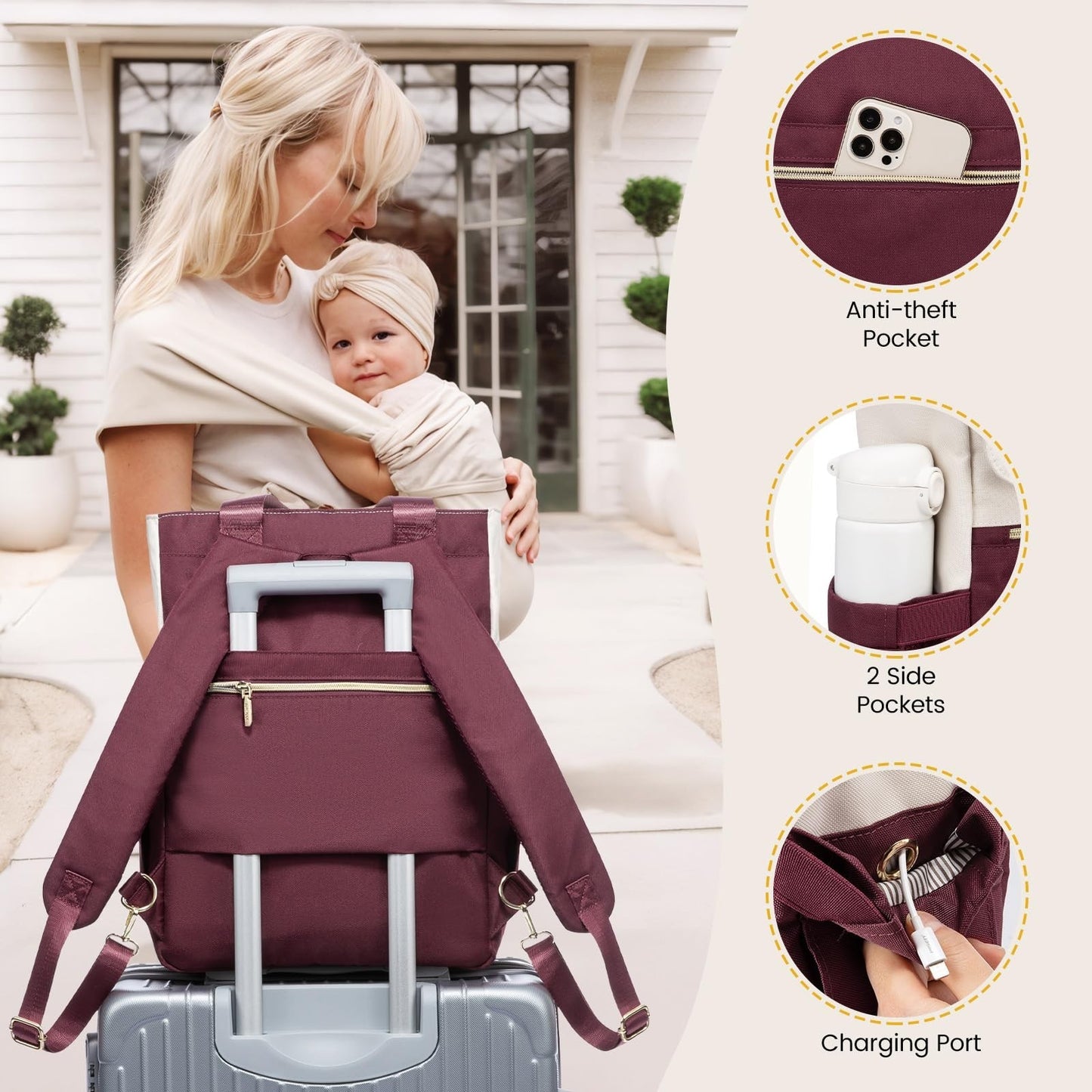 Diaper Bag Backpack Tote with Insulated Pockets & Changing Pad   Stylish & Funct5