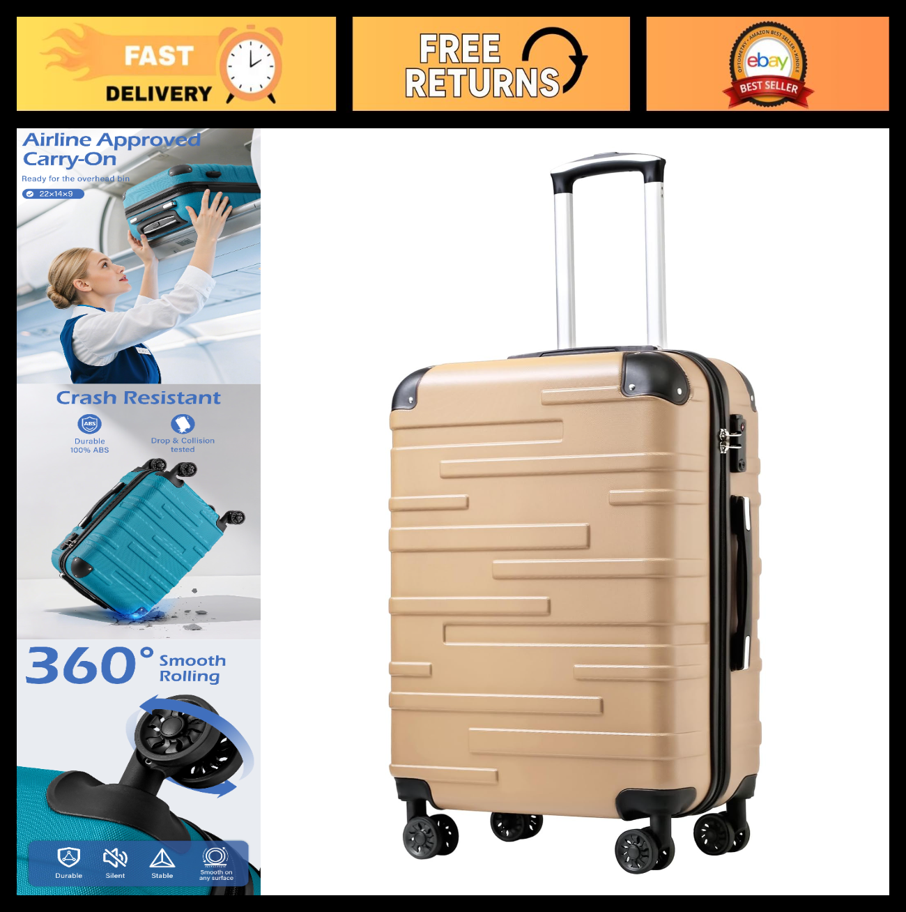 20" Hardside Carry-On Luggage - ABS, Scratch-Resistant, TSA Lock, 360° Spinner W0