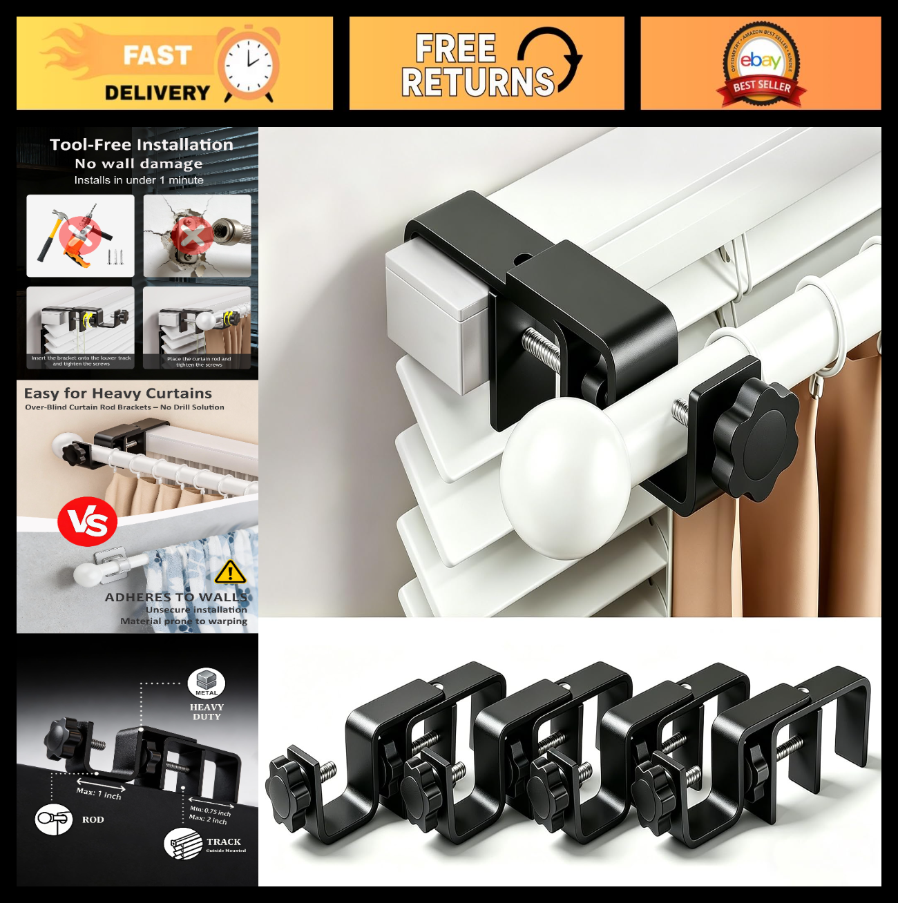 No Drill Curtain Rod Brackets for Outside-Mount Blinds, Tool-Free Holders, 4 Pac0