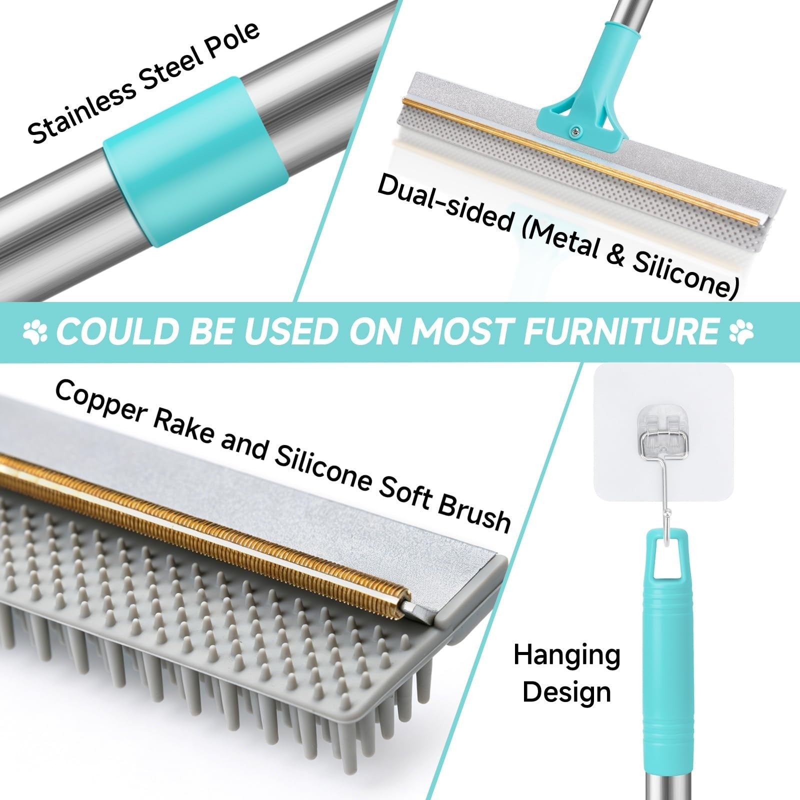 Pet Hair Removal Carpet Rake Tool - Adjustable 54” Handle, 3 Pcs Broom for Rugs8