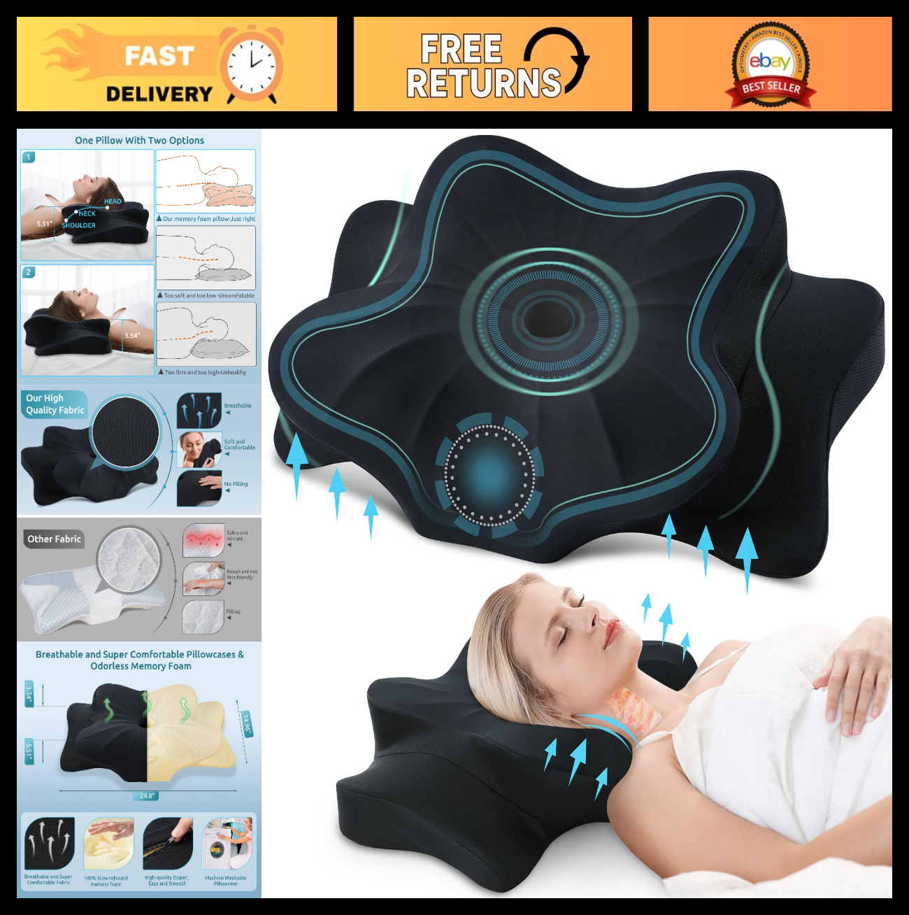 Ergonomic Memory Foam Cervical Pillow for Neck Pain Relief   Sleep Support Pillo0