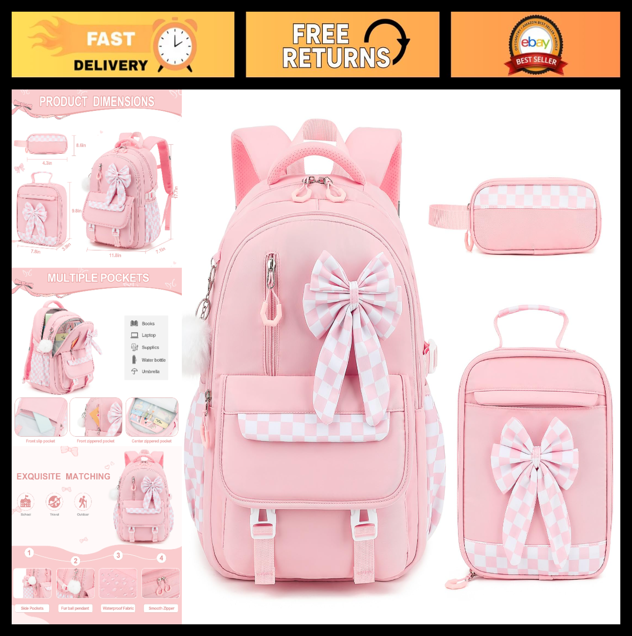 Girls Bow Backpack Set   3PCS with Lunch Bag & Pencil Case, Stylish School Bag0