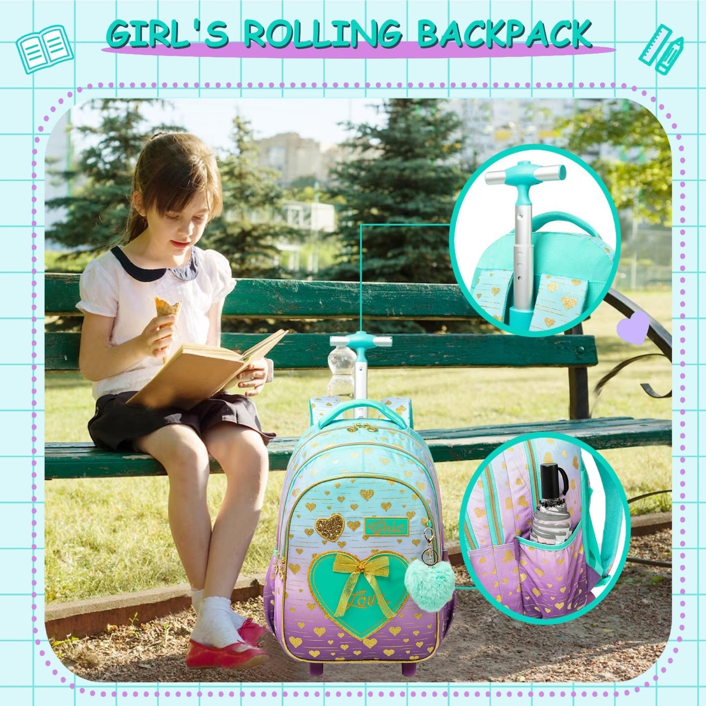 Rolling Backpack for Girls   Wheeled Kids Backpack with Lunch Box, 3 in 1 Travel5