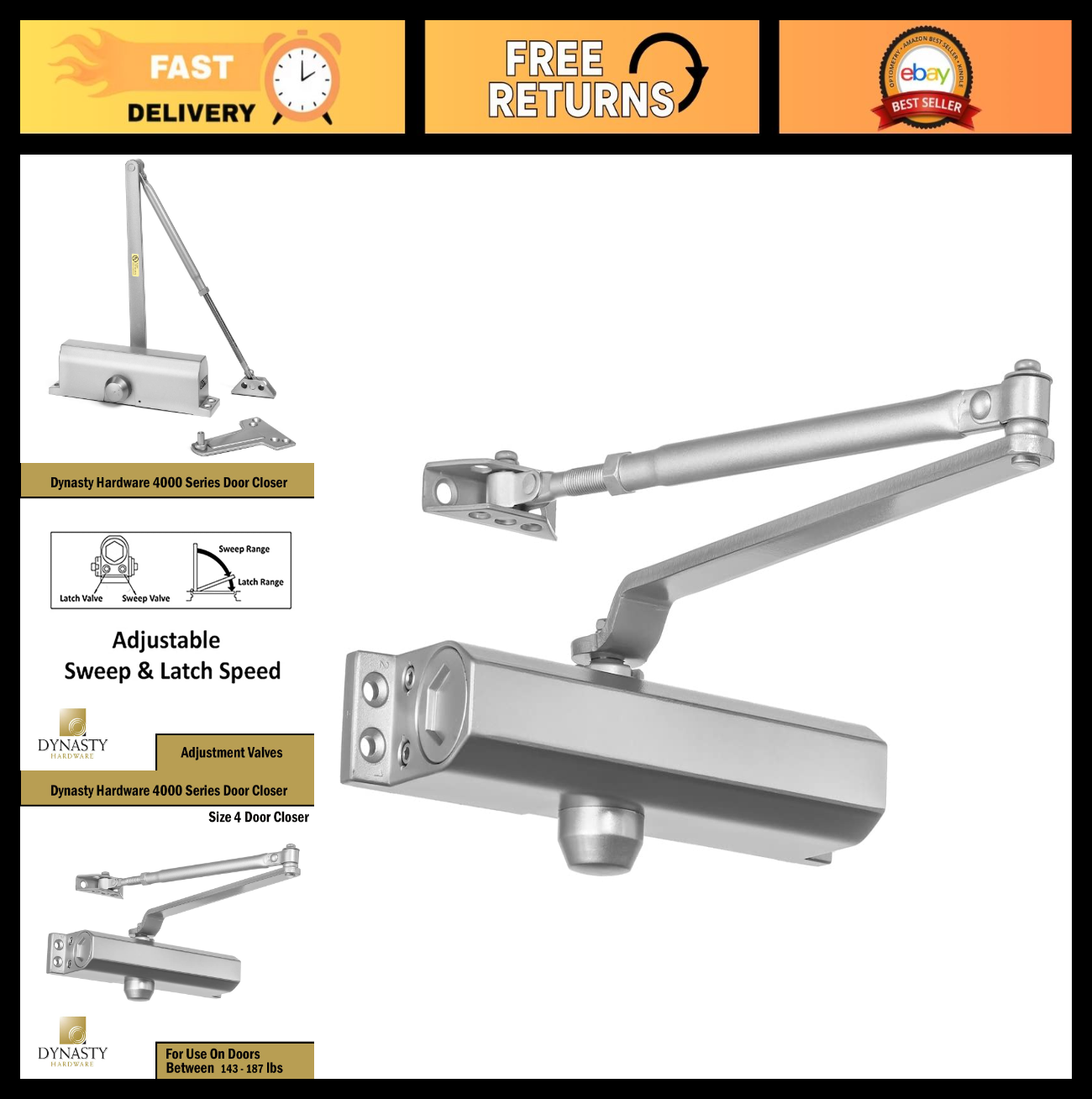 Commercial Hydraulic Door Closer, Self Closing Spring Size 4, Surface Mount, Alu0