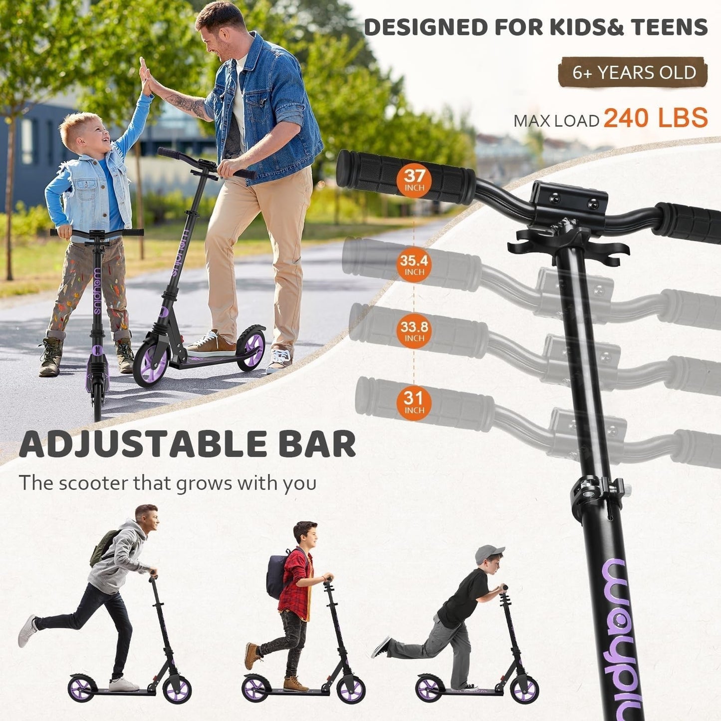 Kick Scooter for Kids, Teens & Adults - 8" Big Wheels, 240lb Weight Capacity1