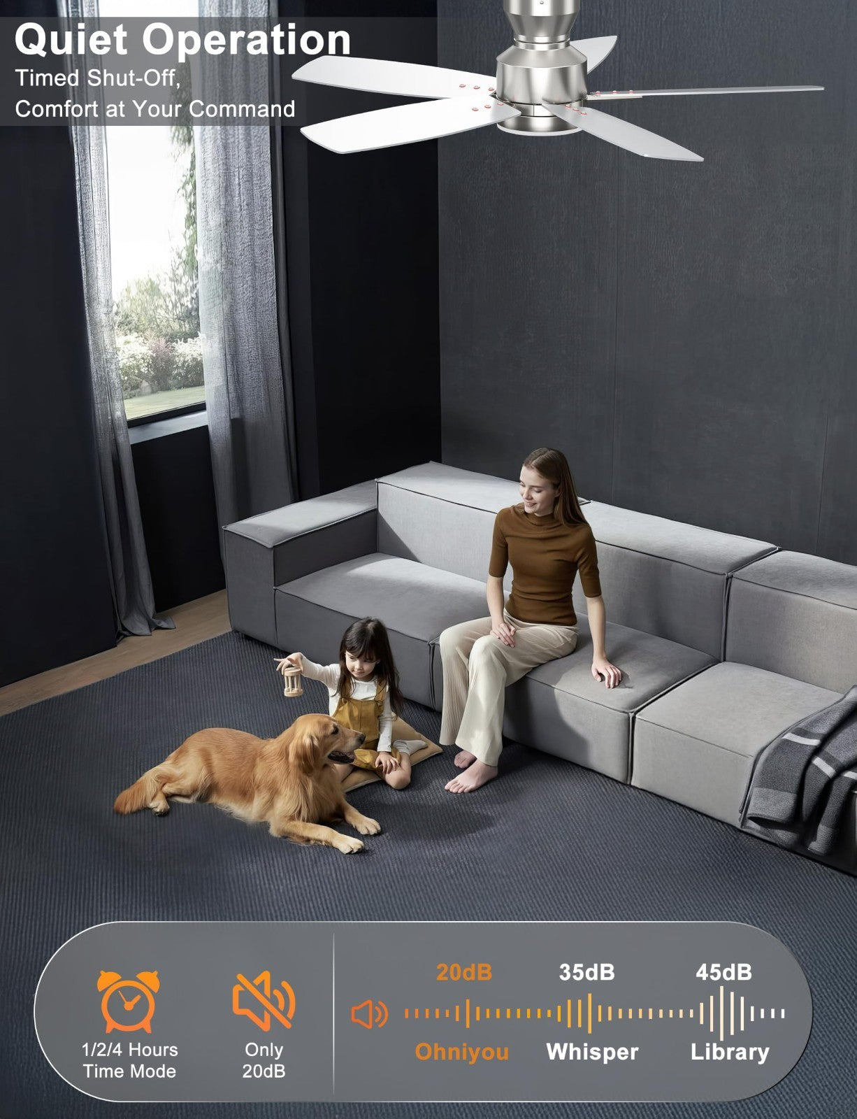 42'' Silver Low Profile Ceiling Fan with Lights, Remote/APP Control, Dimmable LE4