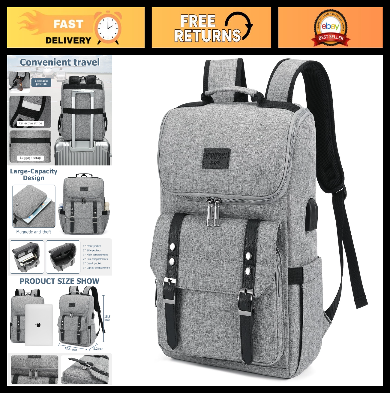 Vintage Laptop Backpack with USB Charging Port for Travel, College, Fits 15.6" -0