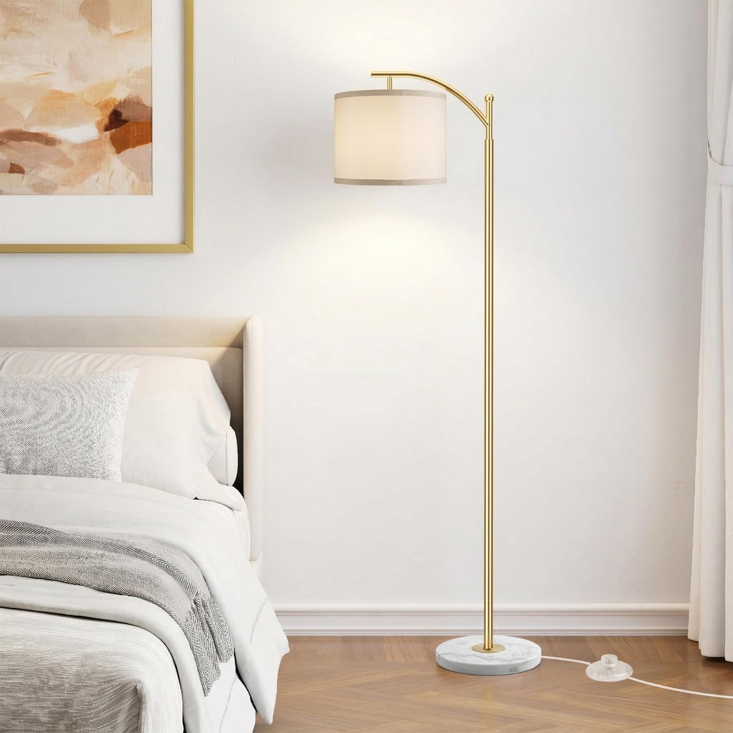 Modern Gold Floor Lamp with Marble Base, Adjustable Linen Shade, 3 Color Tempera6