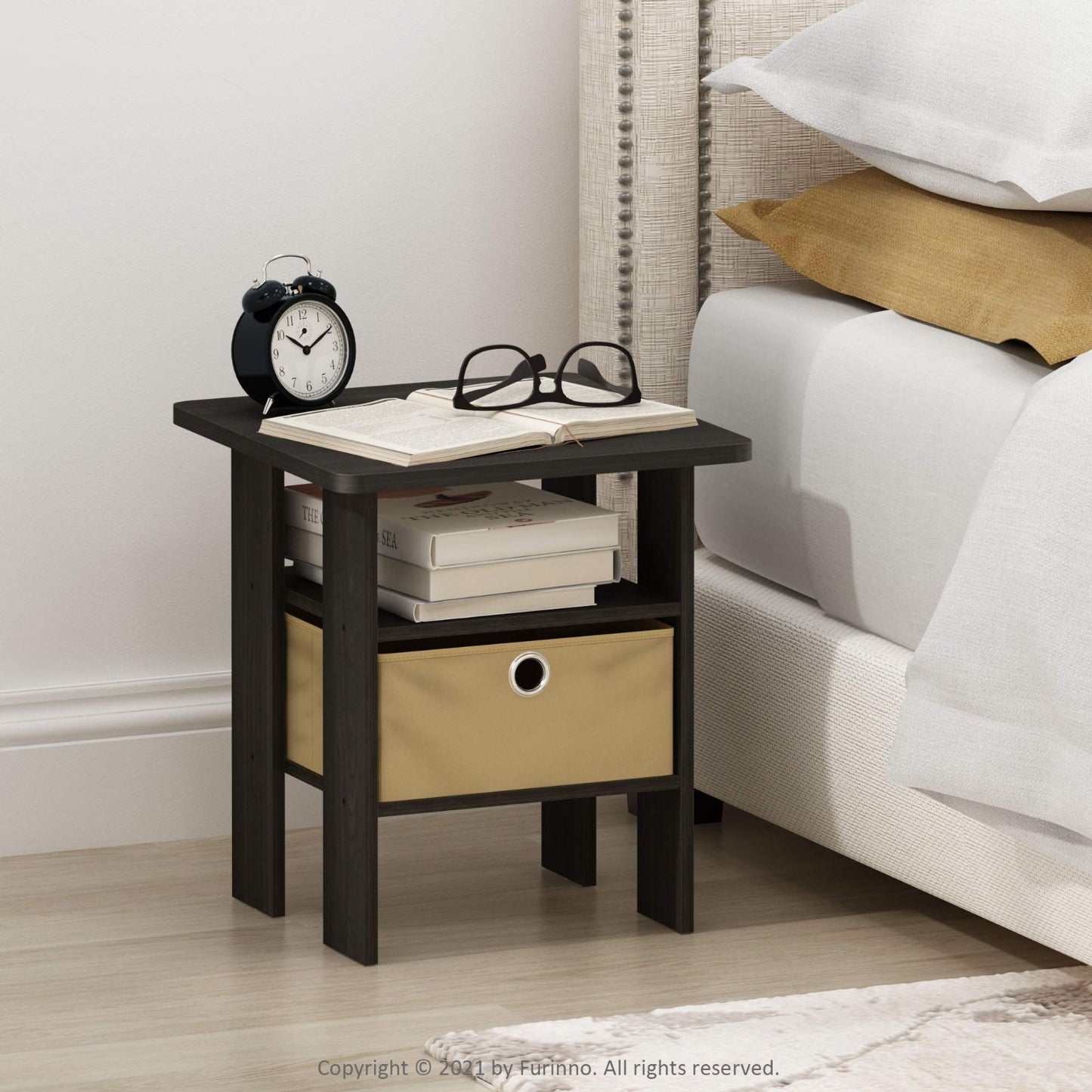 Stylish Side Table with Open Shelves & Storage Bin - Nightstand for Bedroom & Li2