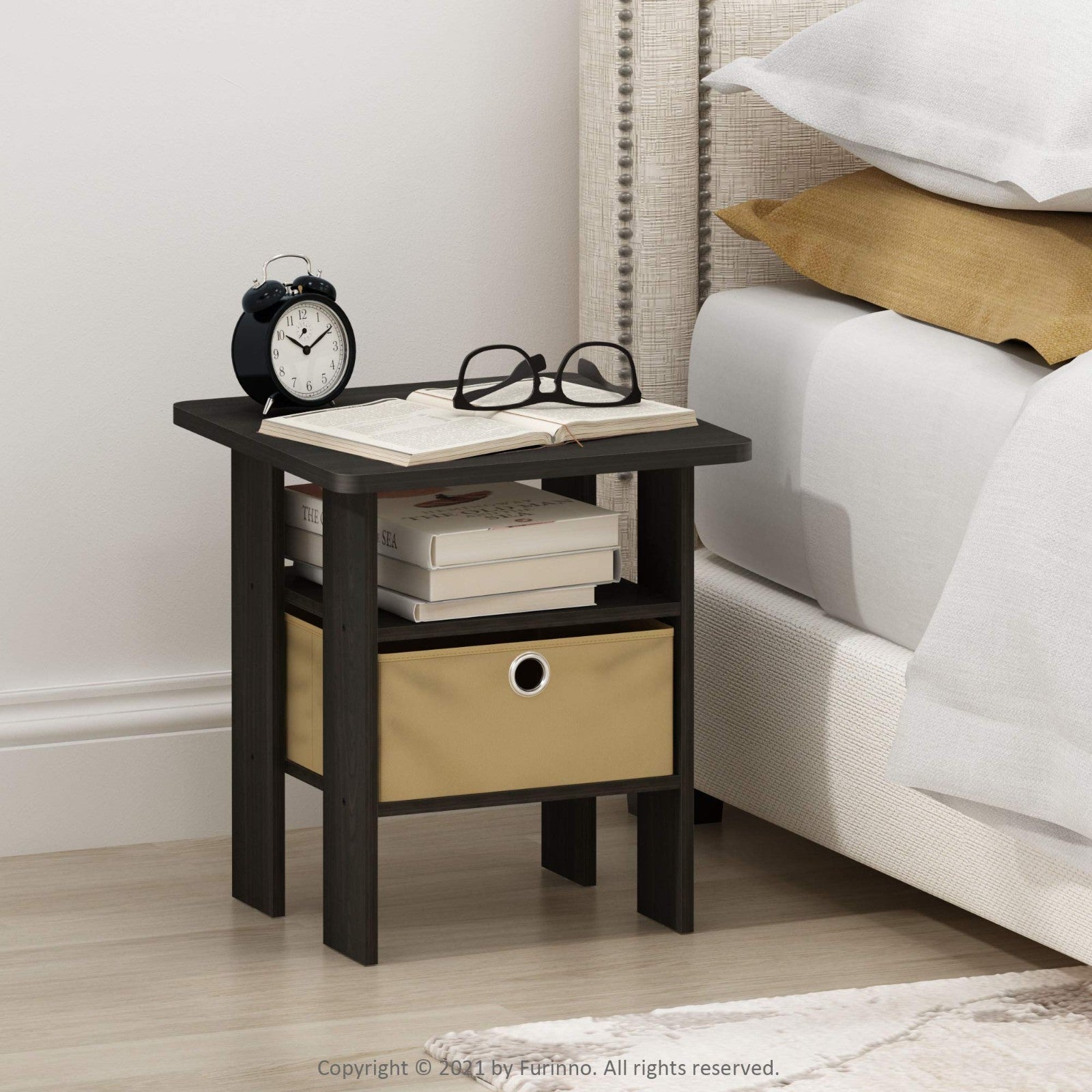 Stylish Side Table with Open Shelves & Storage Bin - Nightstand for Bedroom & Li2