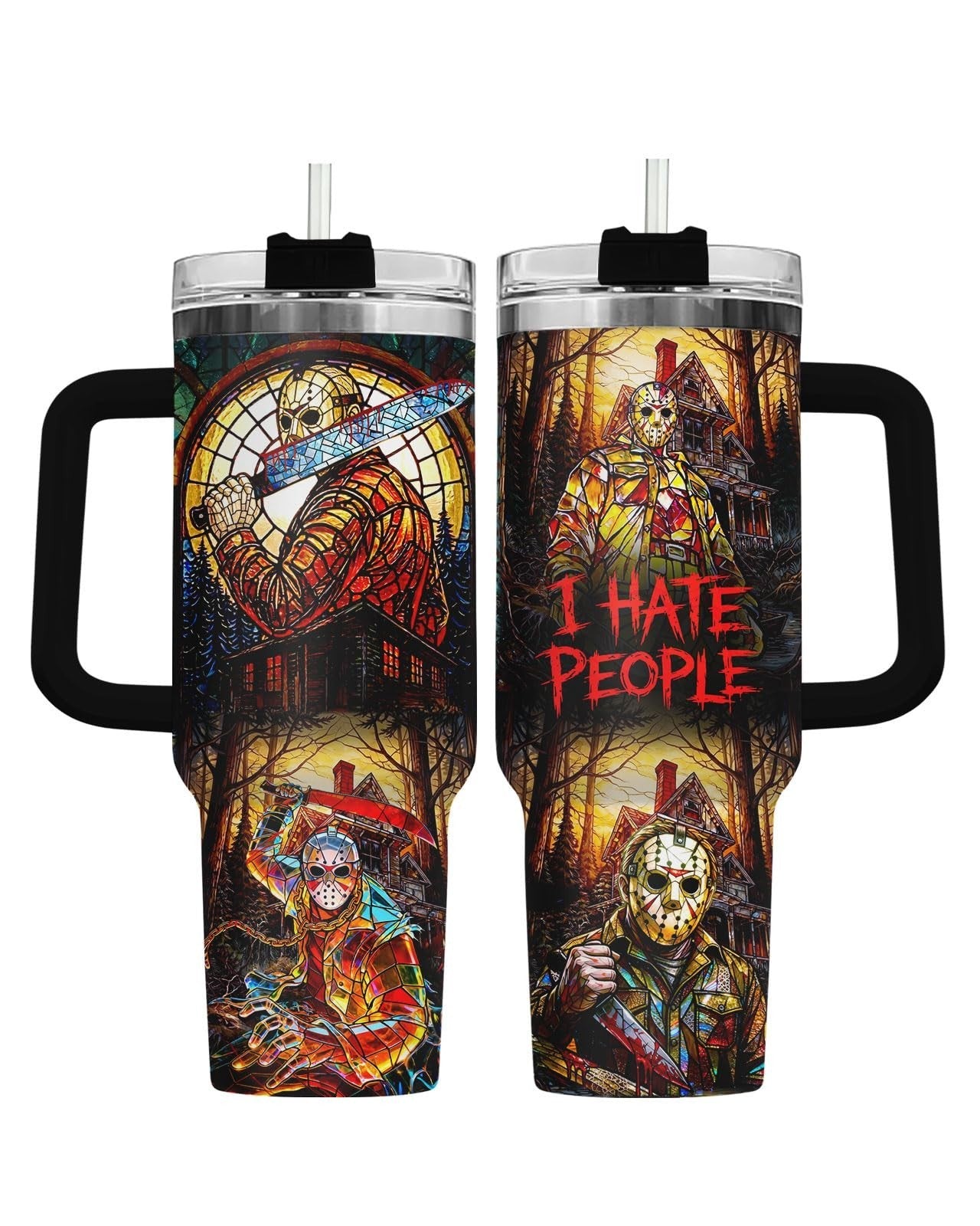40oz Insulated Travel Mug with Handle   Funny Horror Slasher Design, Perfect Gif1
