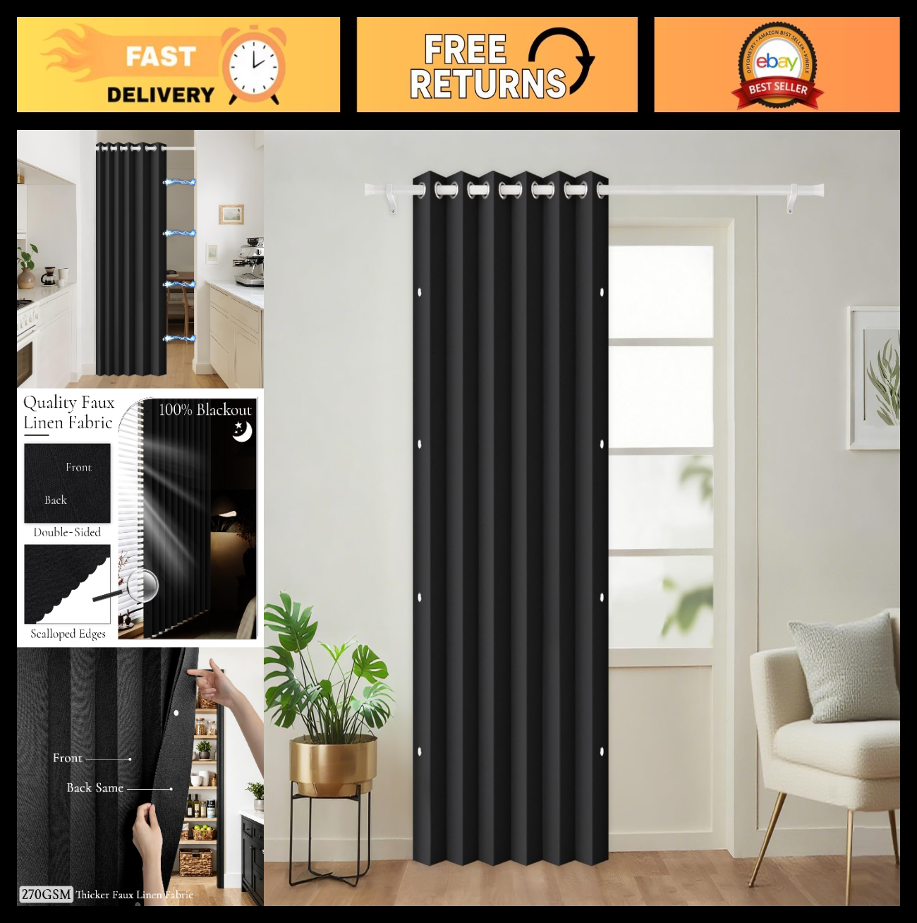 72 Inch Blackout Pleated Curtains with Magnetic Closure   Indoor/Outdoor, W45 x0
