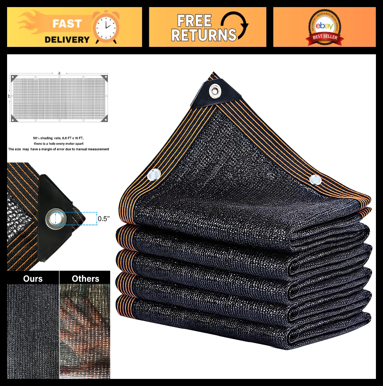 50% Black Shade Cloth 6.6x16 FT Durable Mesh Tarp with Grommets for Garden, Gree0