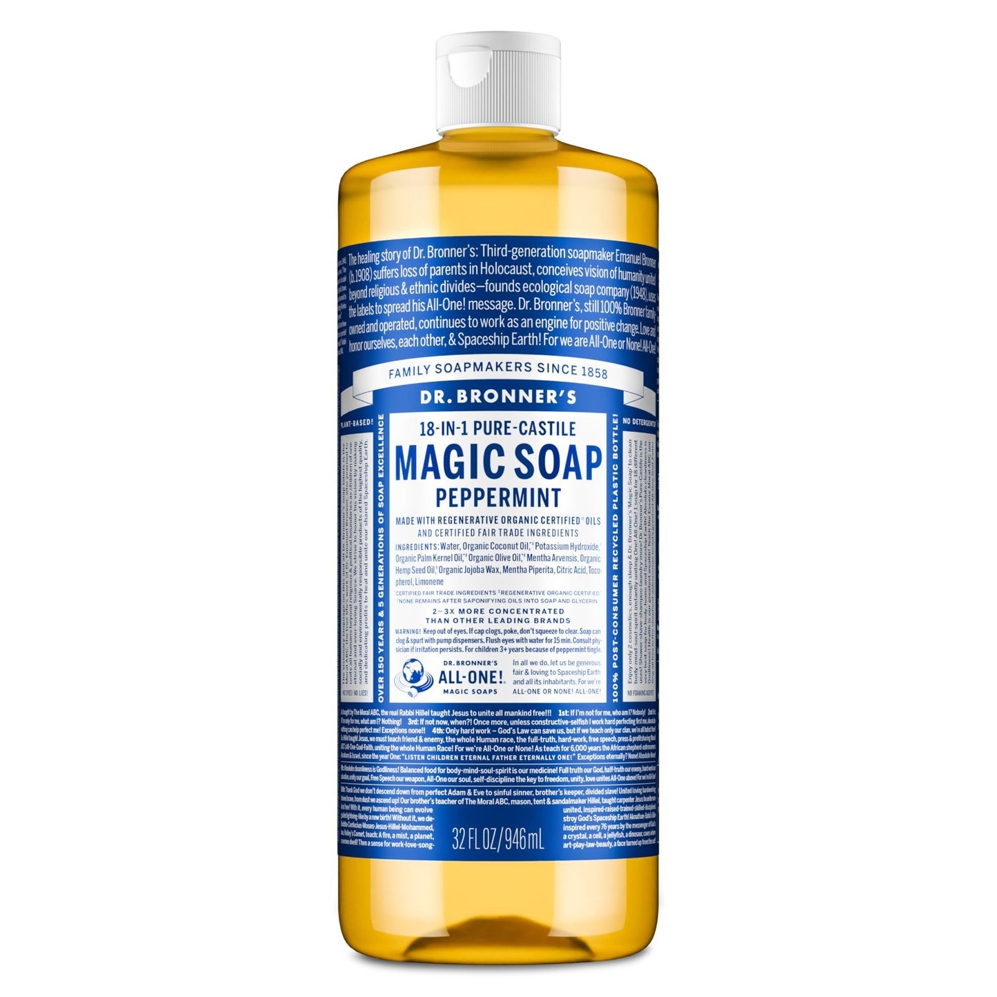 Peppermint Pure-Castile Liquid Soap 32 oz - 18-in-1 Uses: Body Wash, Hand Soap,1