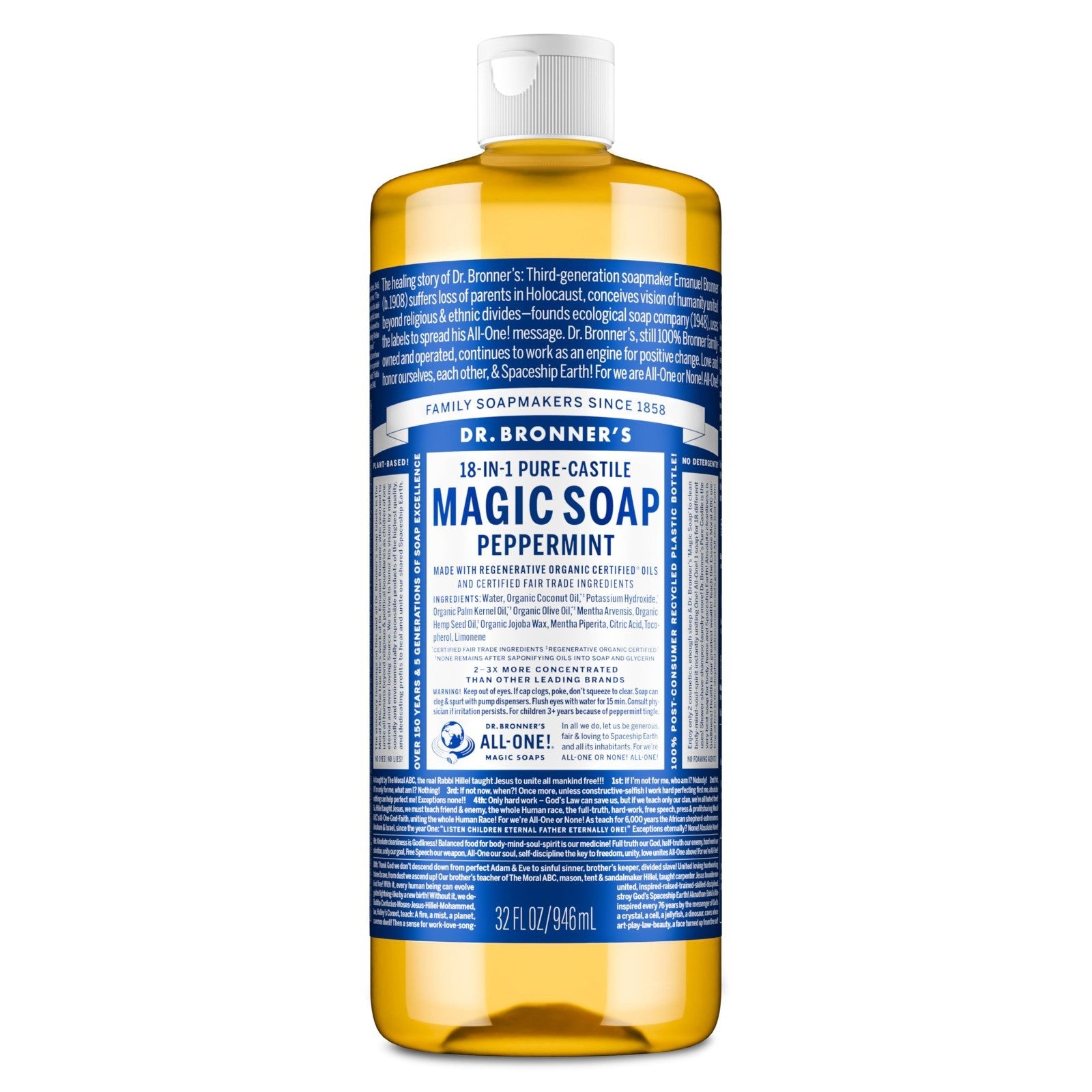 Peppermint Pure-Castile Liquid Soap 32 oz - 18-in-1 Uses: Body Wash, Hand Soap,1