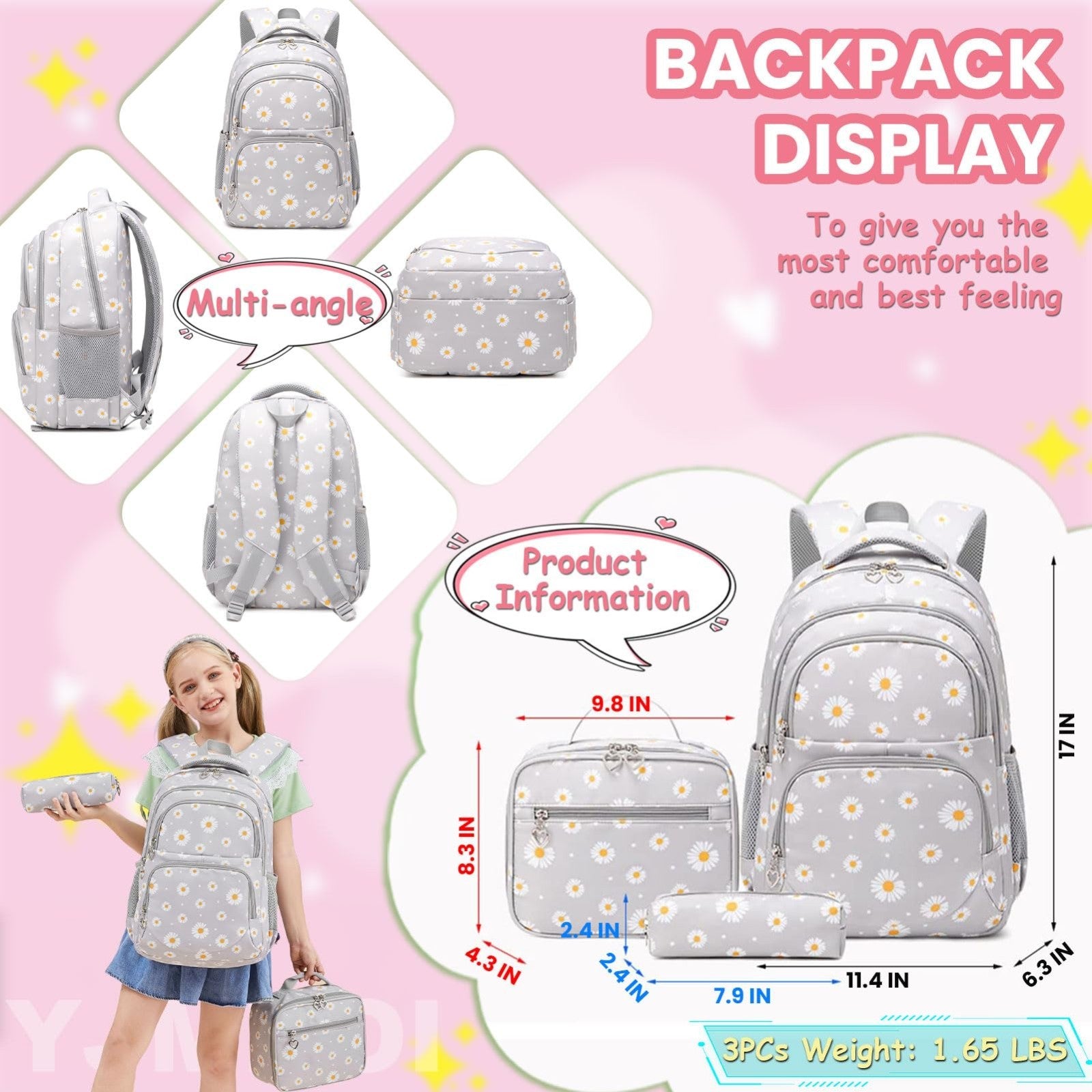 Daisy Print Backpack Set for Girls   3pcs Bookbag with Lunch Box for School, Gre2