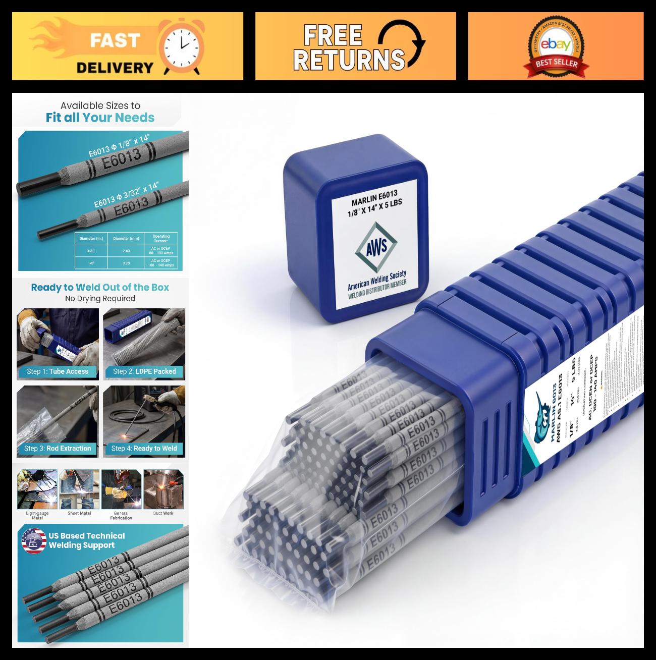 Premium 1/8" Welding Rods 5 lb - Carbon Steel Electrodes, Smooth Arc, Easy Slag,0