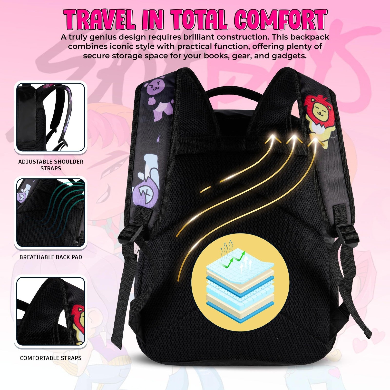 K Pop Demon Hunters Chibi Saja Boys 16” Backpack for Girls, Rubber Molded Charm,5