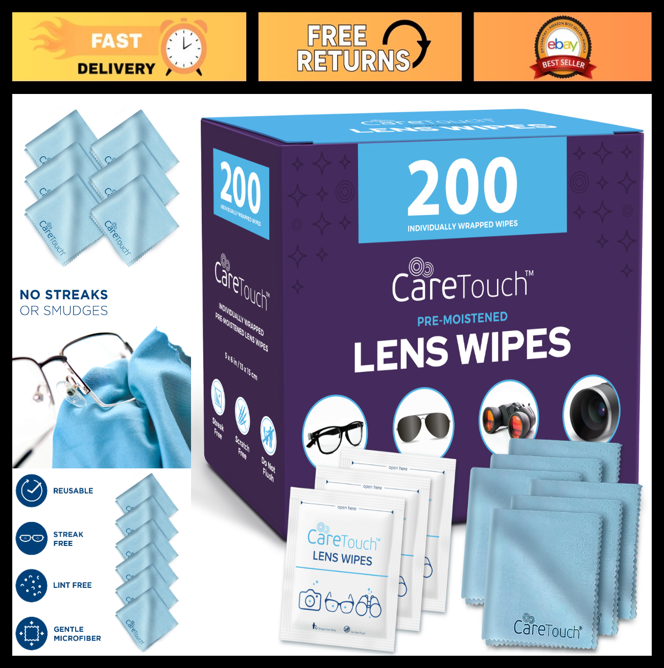 200 Lens Cleaning Wipes & 6 Microfiber Cloths - Eyeglasses, Camera, Screen Clean0