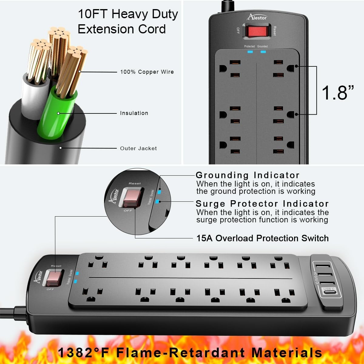 10ft Power Strip Surge Protector, 12 Outlets & 4 USB Ports, 2700J, Home/Office U5