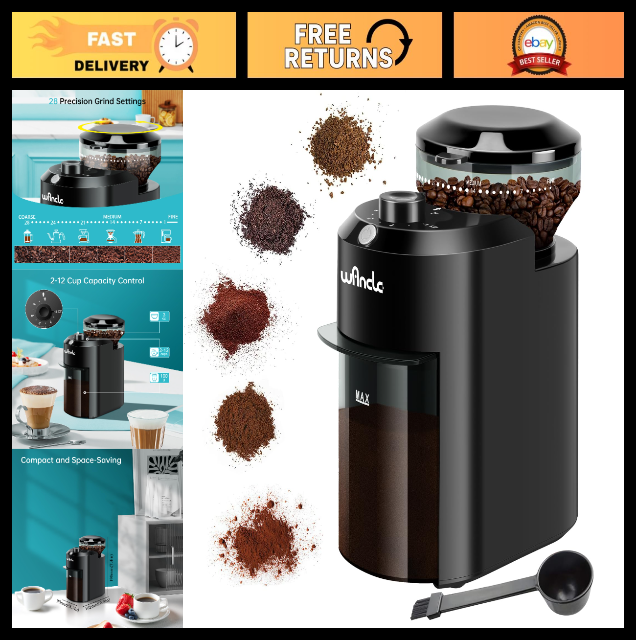 Electric Burr Coffee Grinder   28 Adjustable Grind Settings for 12 Cups   Profes0