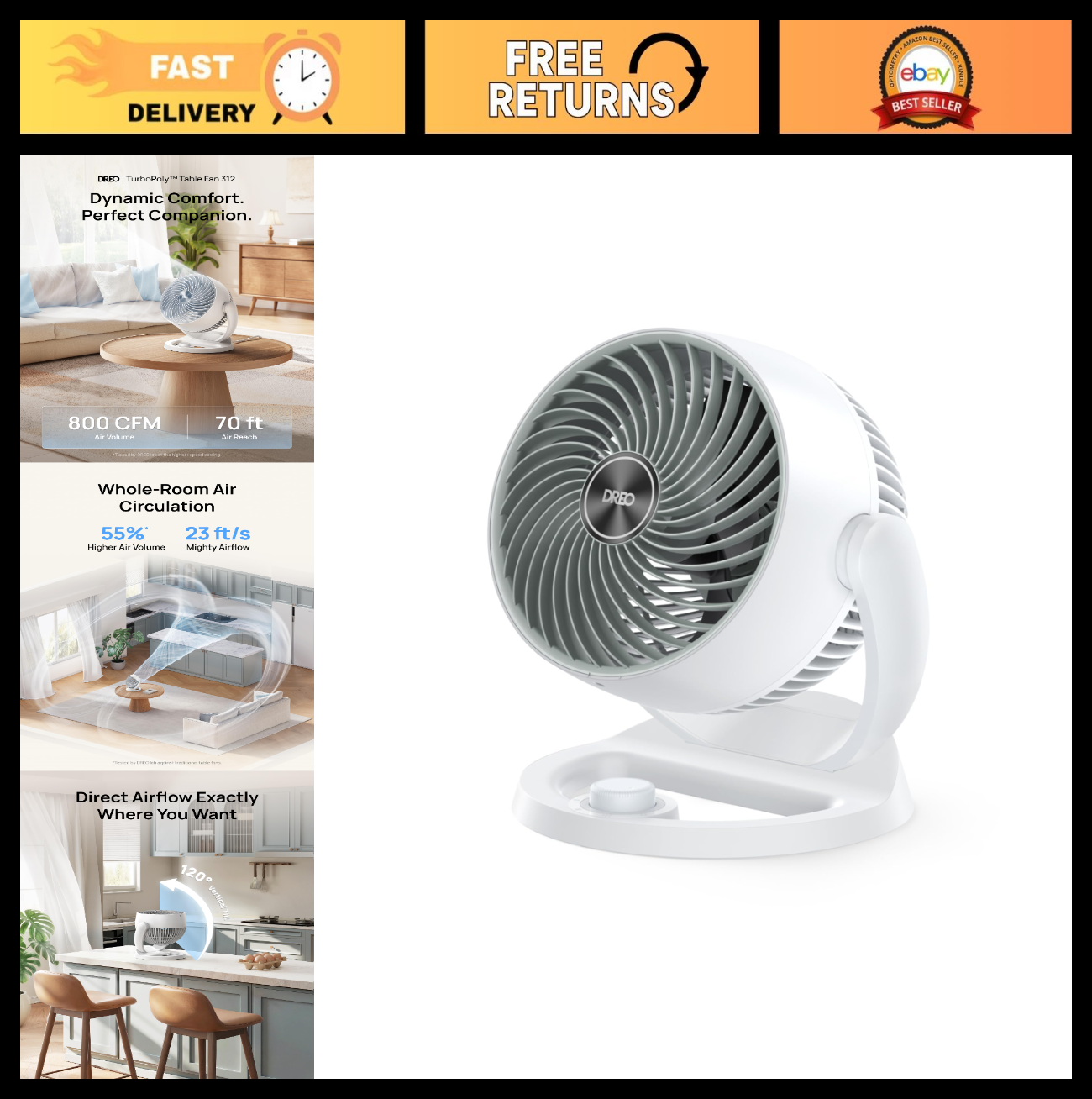 12" Quiet Table Fan   70ft Airflow, 120° Tilt, 3 Speeds, Desktop Circulator for0