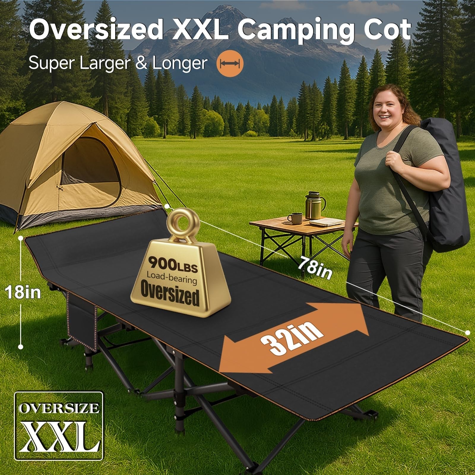 Oversized Folding Camping Cot for Adults, 32" Wide, 900 lbs Capacity, Includes P2