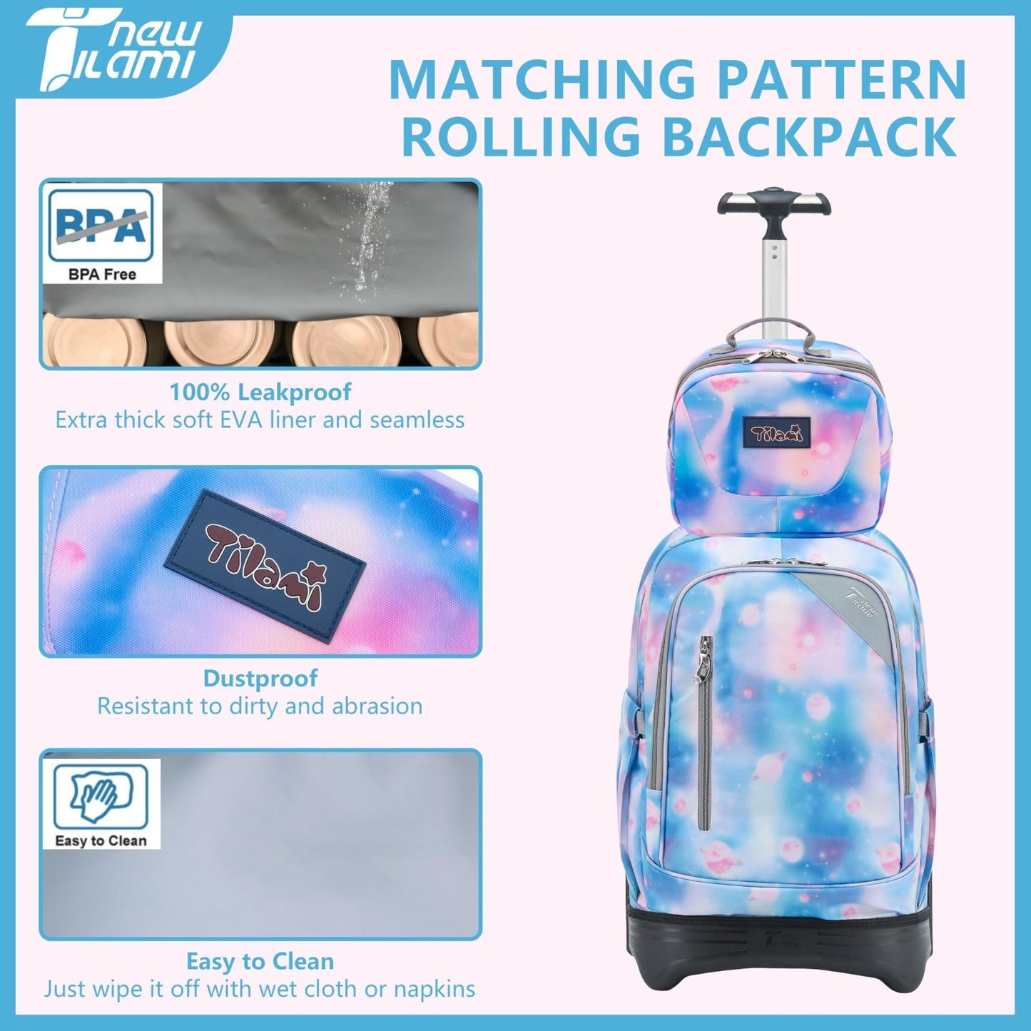 18 Inch Rolling Backpack with Lunch Bag for Kids   School Travel Bag, Durable &6