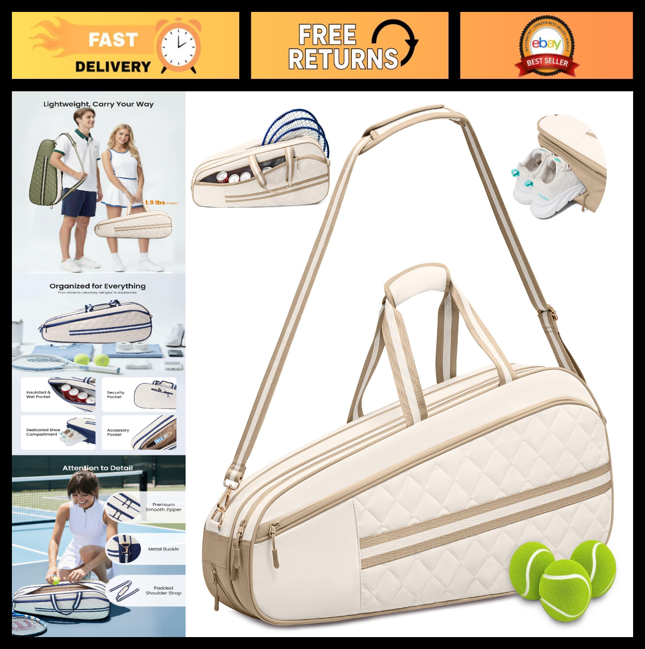 Water-Resistant Tennis Racket Bag for 3-6 Rackets, Shoe Compartment & Insulated0