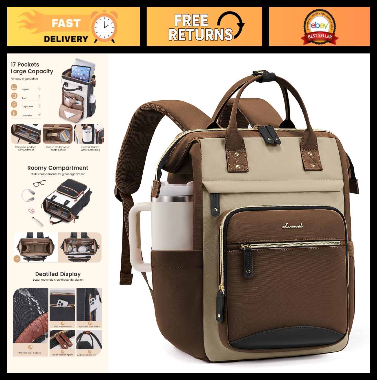 Stylish Waterproof Laptop Backpack for Women, Large Capacity Work Bag, 15.60