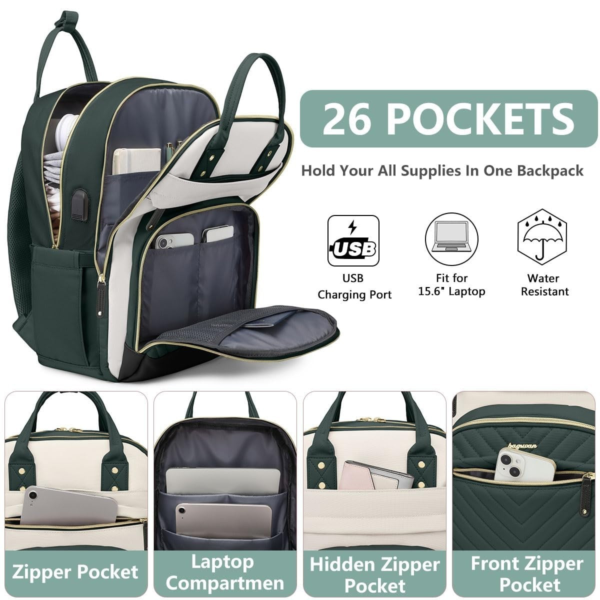 Stylish 15.6" Laptop Backpack for Women   Waterproof Travel Bag with USB Charger2