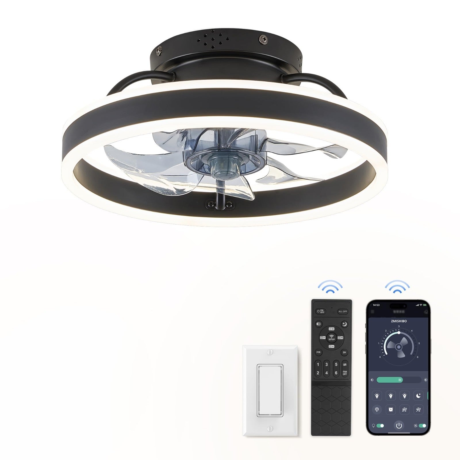 Low Profile Ceiling Fan with Lights & Remote   13" Modern Flush Mount Fandelier,6