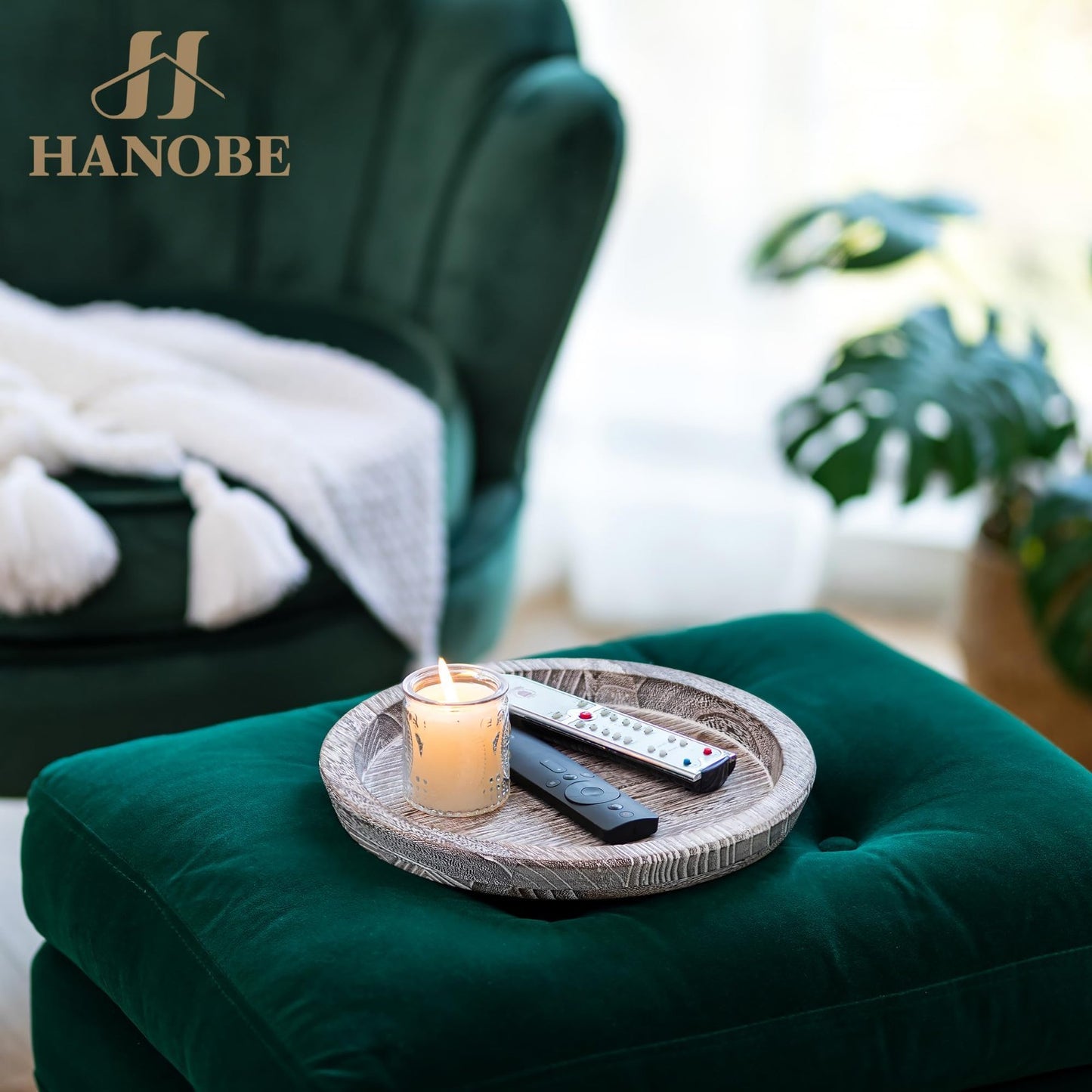 Round Wooden Decorative Tray - Candle Plate Holder for Coffee Table & Dining Roo8